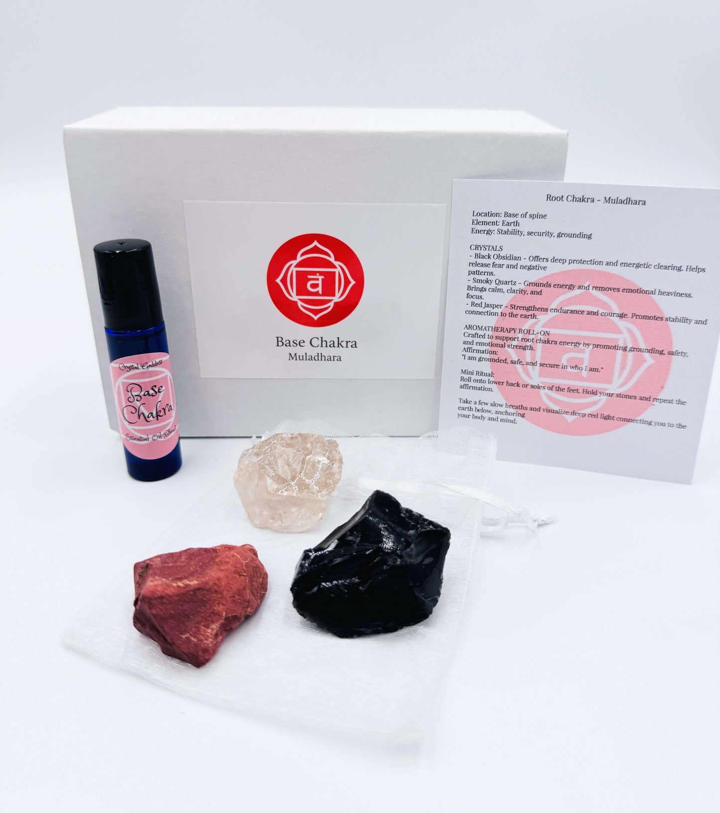 chakra healing kits with crystals, essential oil, and ritual card for base chakra