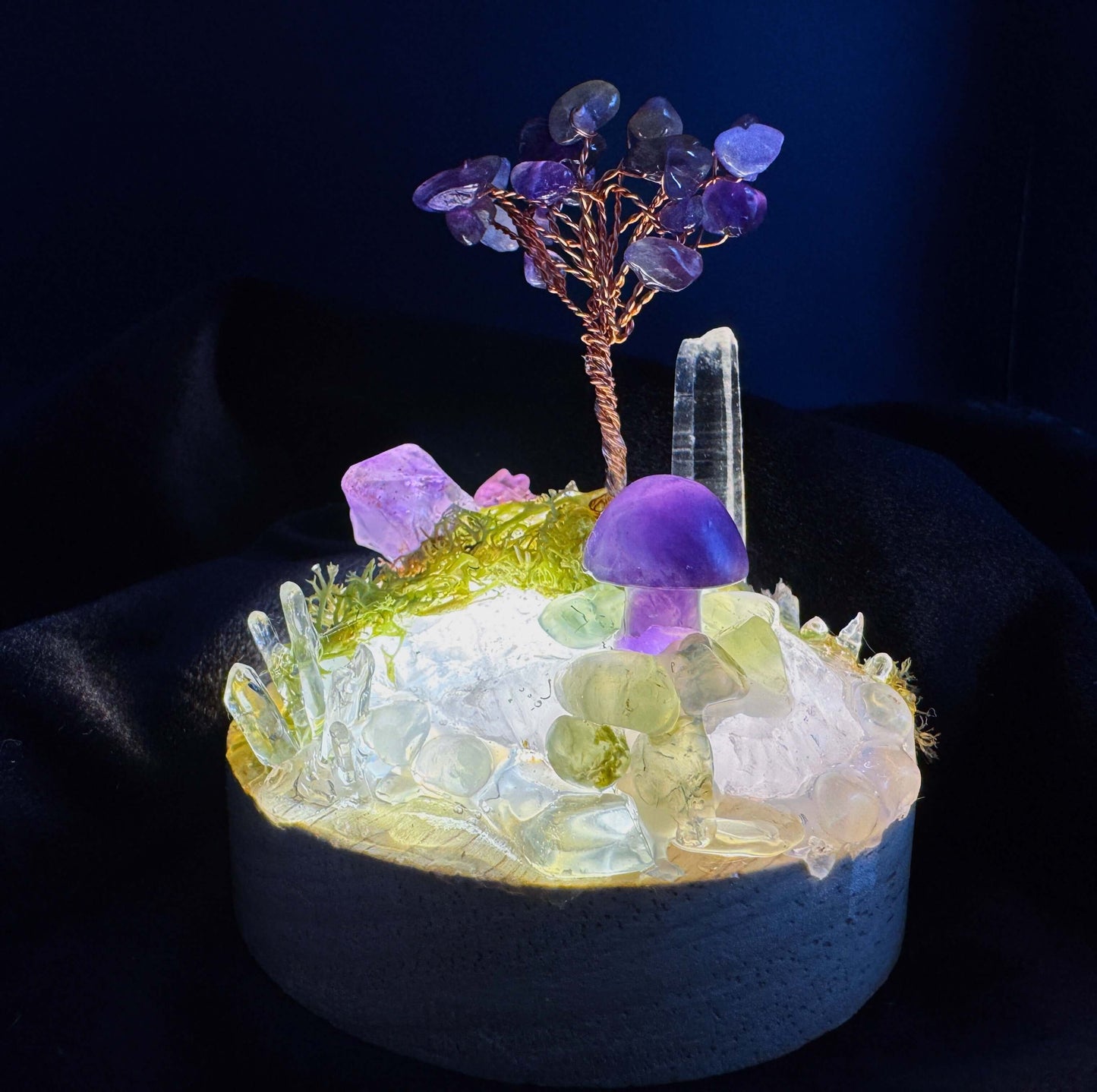 Crystal Lamp Garden 3 featuring unique crystals, a mini tree, and a glowing base, perfect for home decor. Crystallamp.