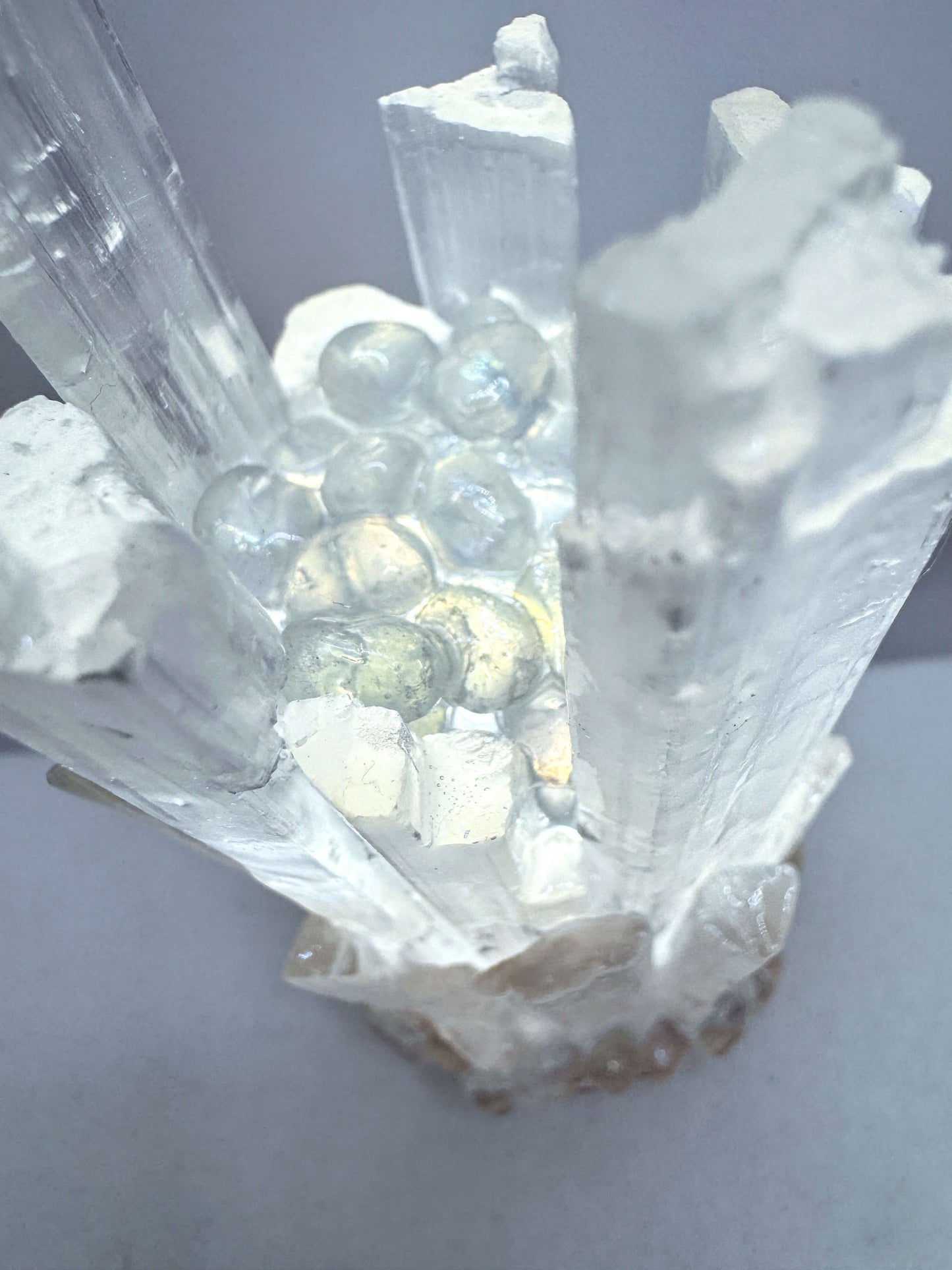 Selenite & Aura Quartz crystal lamp showcasing natural translucent crystals and LED illumination.
