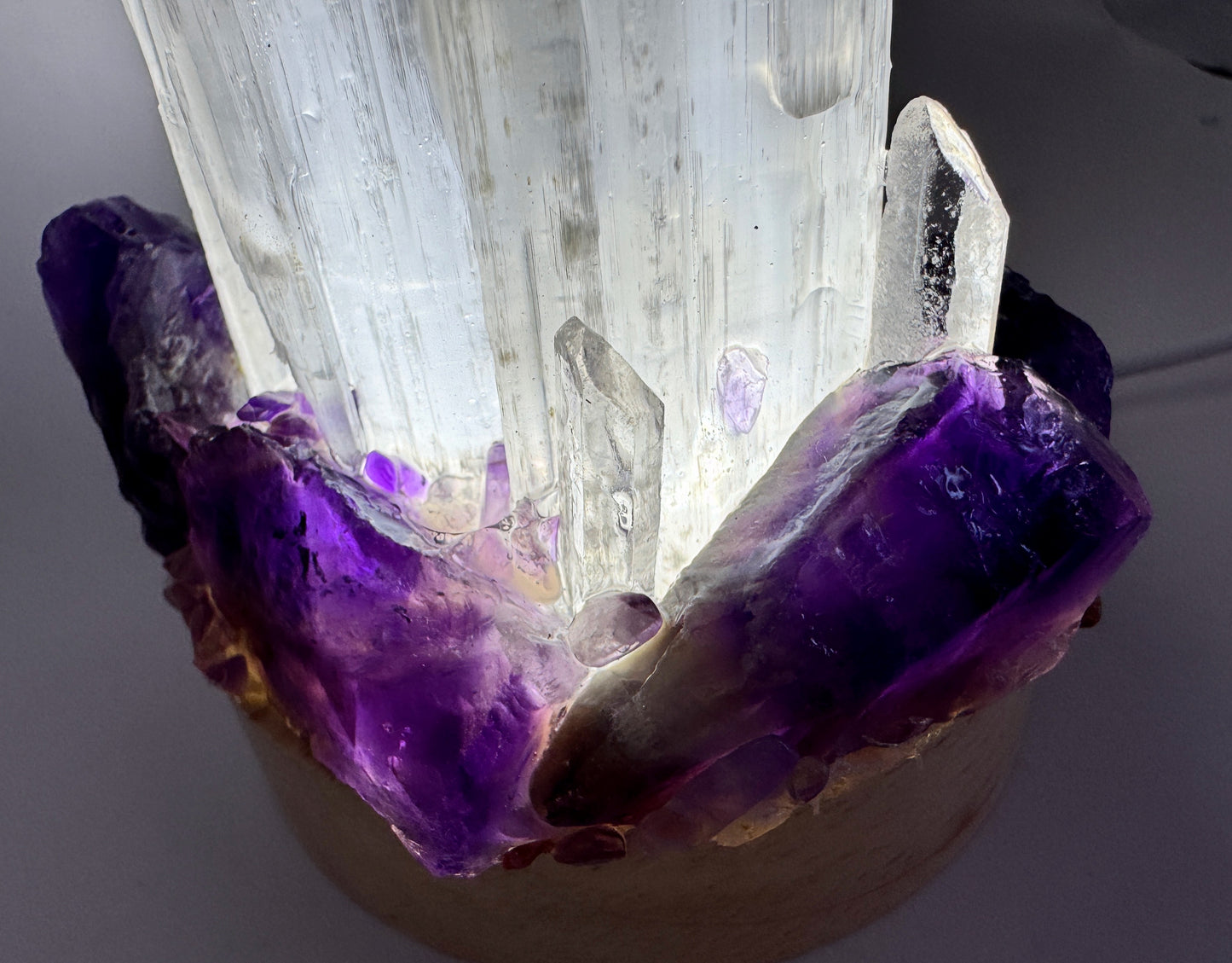 Selenite Crystal Lamp (8cm base) Amethyst.