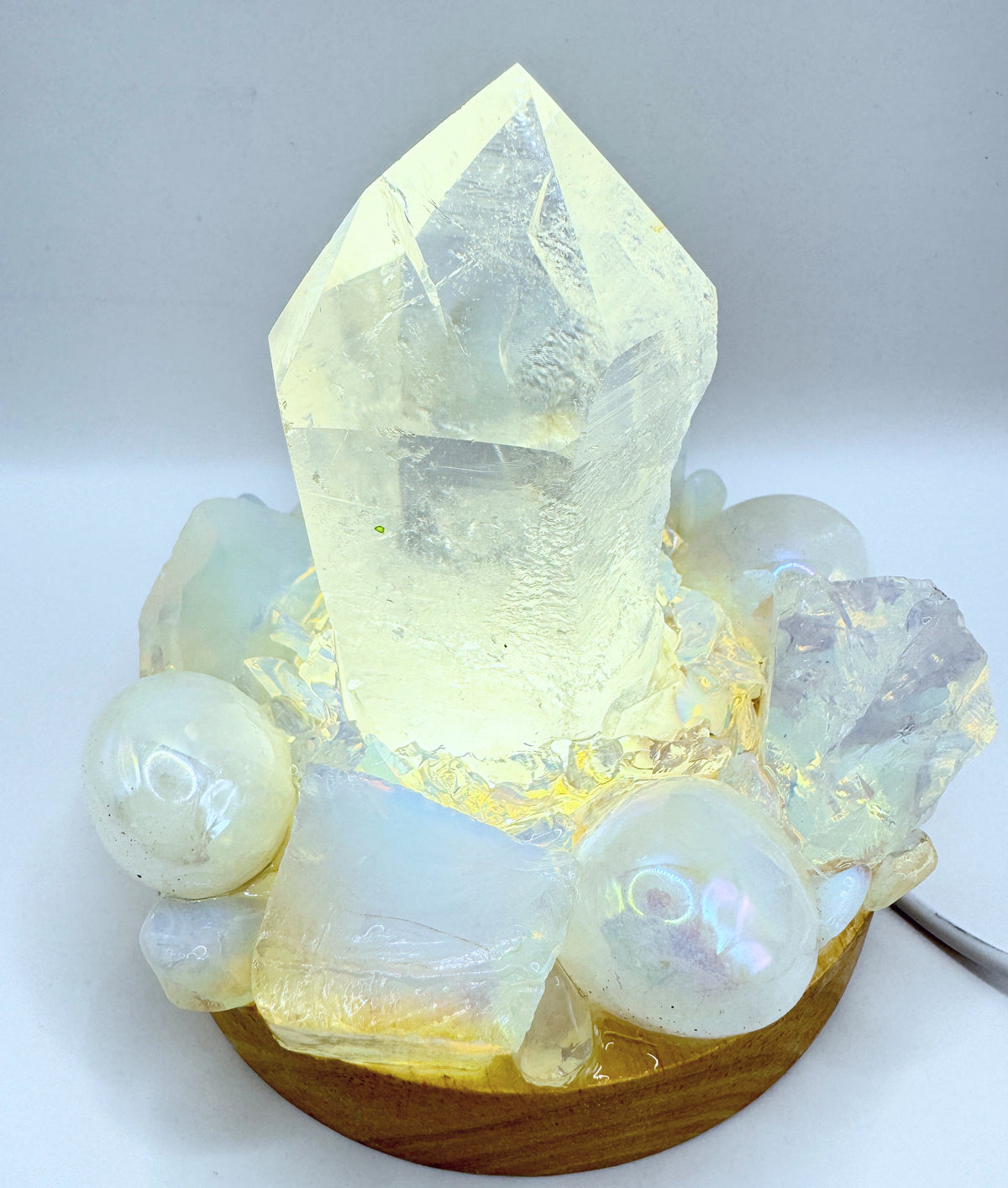 Clear Quartz Point Lamp with Opalite & Aura Quartz