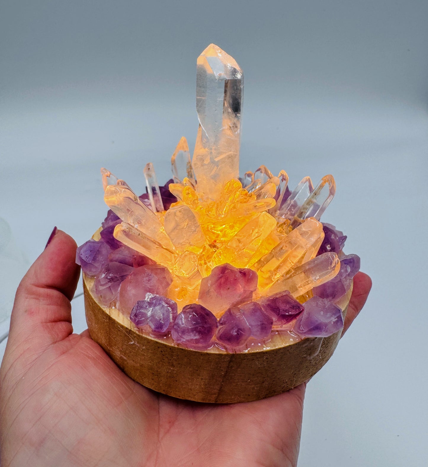 Amethyst Flower & Clear Quartz Point Cluster Lamp /LG