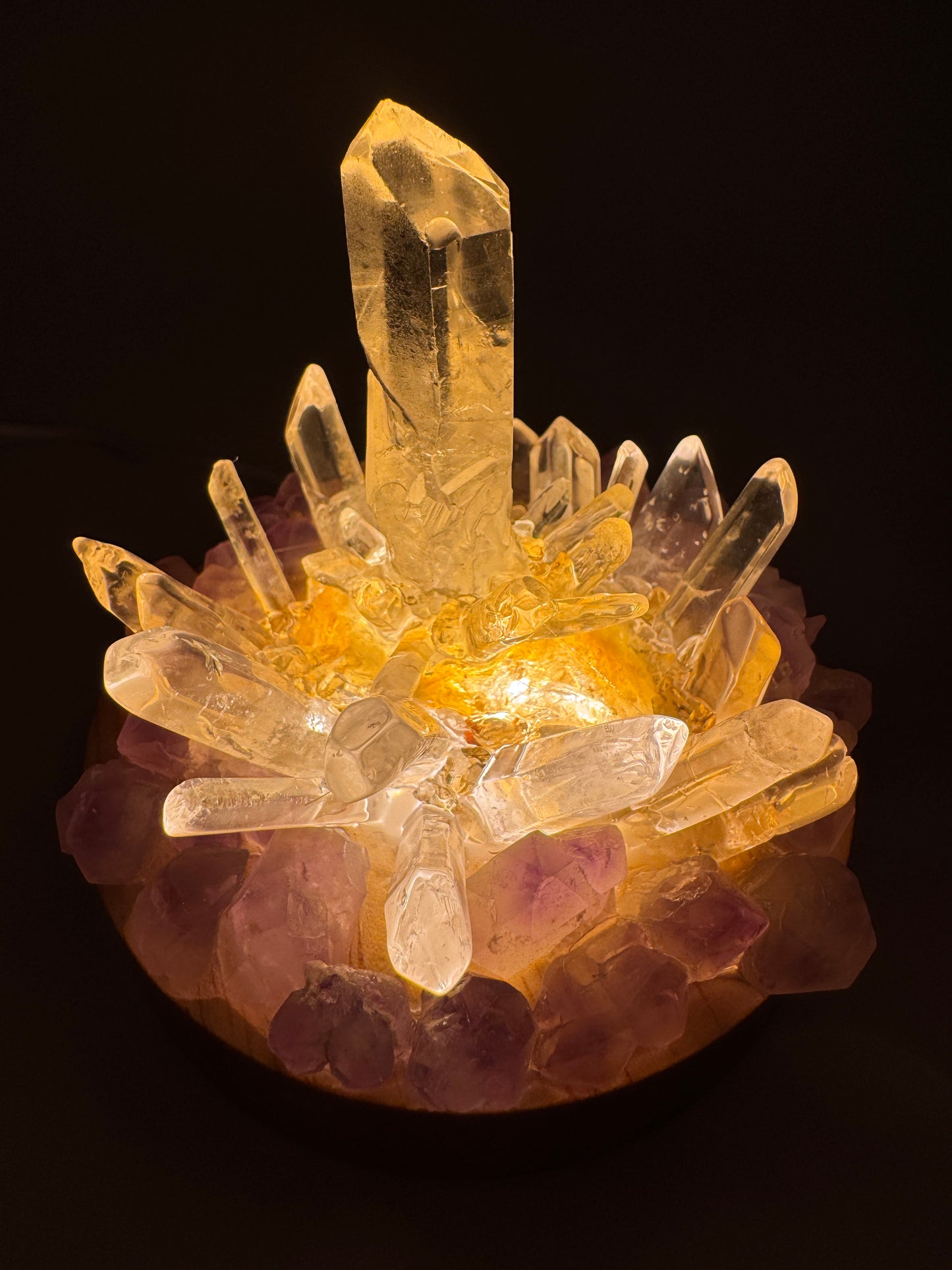Amethyst Flower & Clear Quartz Point Cluster Lamp /LG