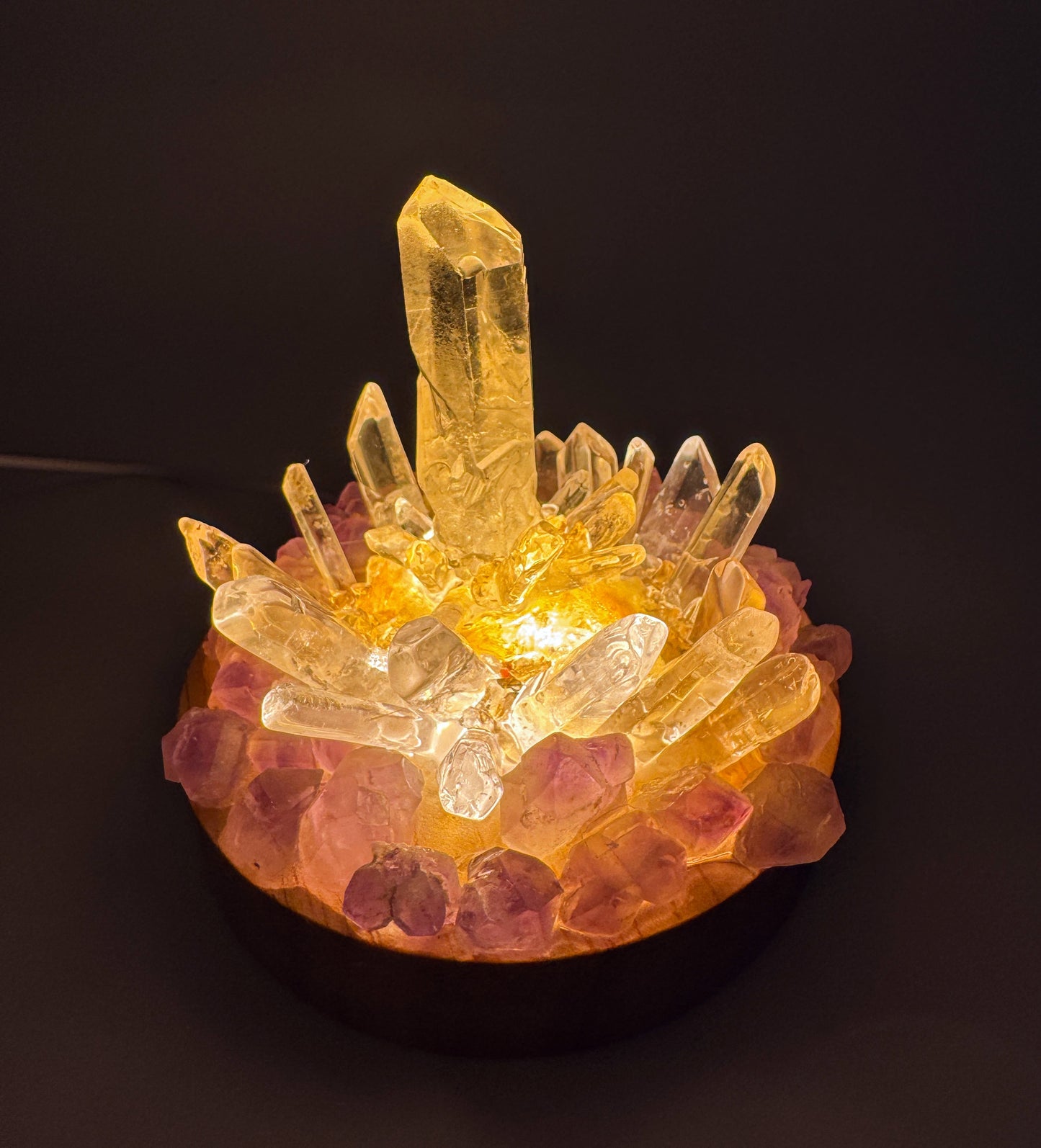Amethyst Flower & Clear Quartz Point Cluster Lamp /LG