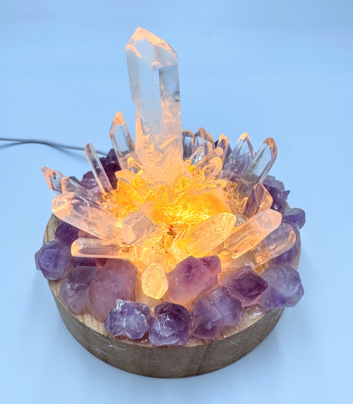 Amethyst Flower & Clear Quartz Point Cluster Lamp /LG