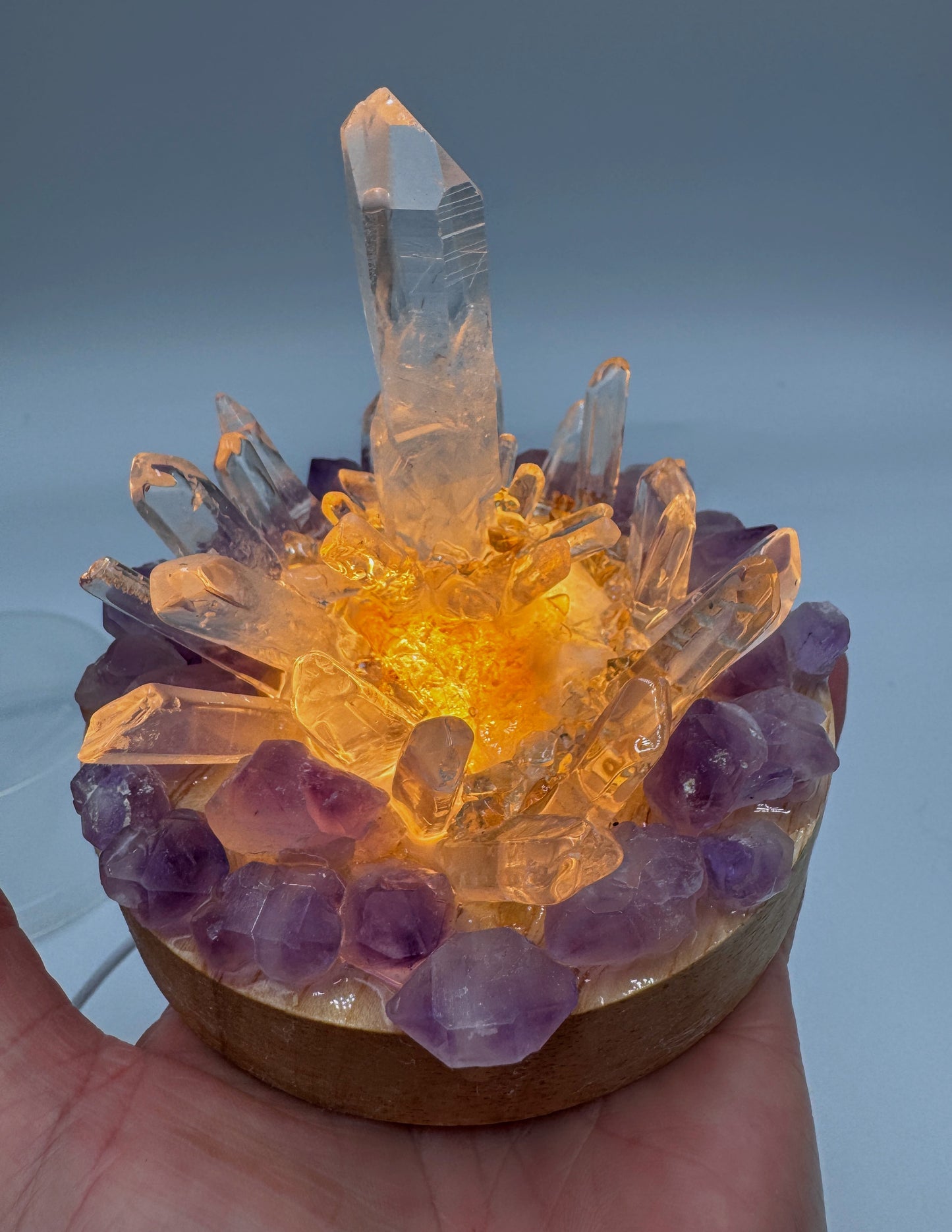 Amethyst Flower & Clear Quartz Point Cluster Lamp /LG