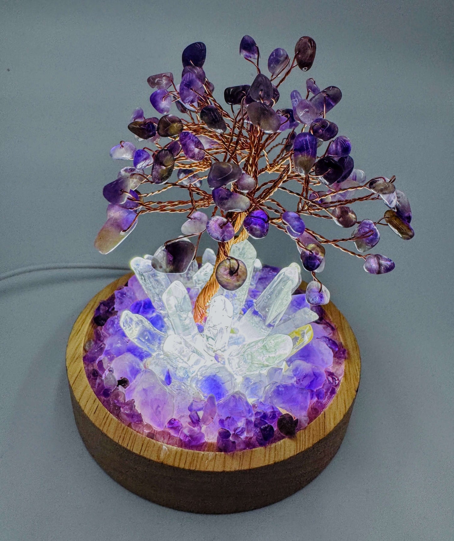 Crystal Lamp Amethyst & Clear Quartz with Tree Cluster Lamp /LG