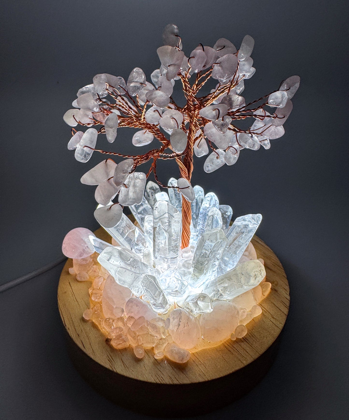 Rose Quartz & Clear Quartz With Tree Cluster Lamp /LG
