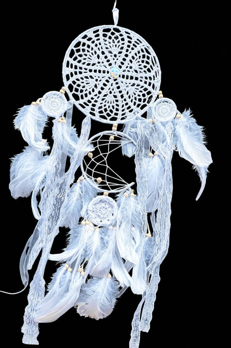Large white dream catcher with crochet lace, feathers, and beads, perfect for home decor. Total length 80cm, 20cm ring.
