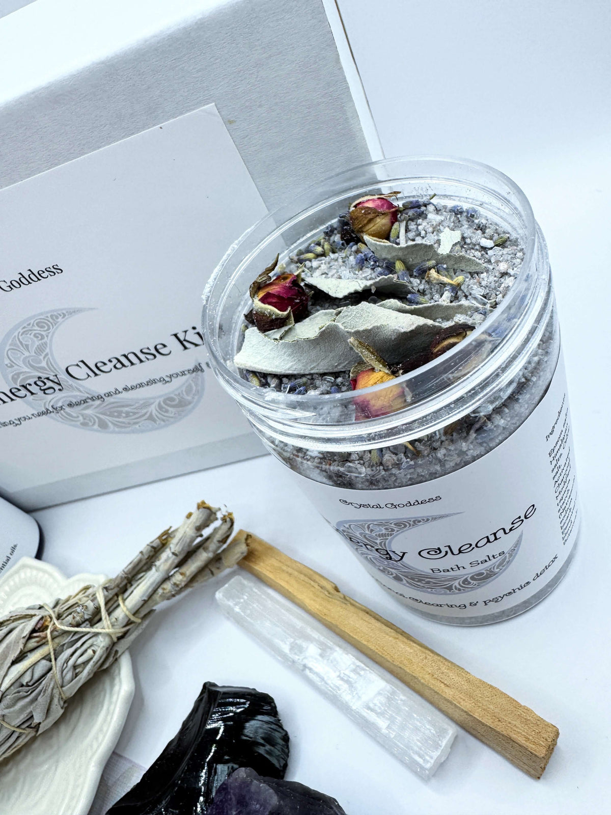 Energy Cleansing Kit with bath salts, sage, and cleansing tools, ideal for a cleansing gift box.