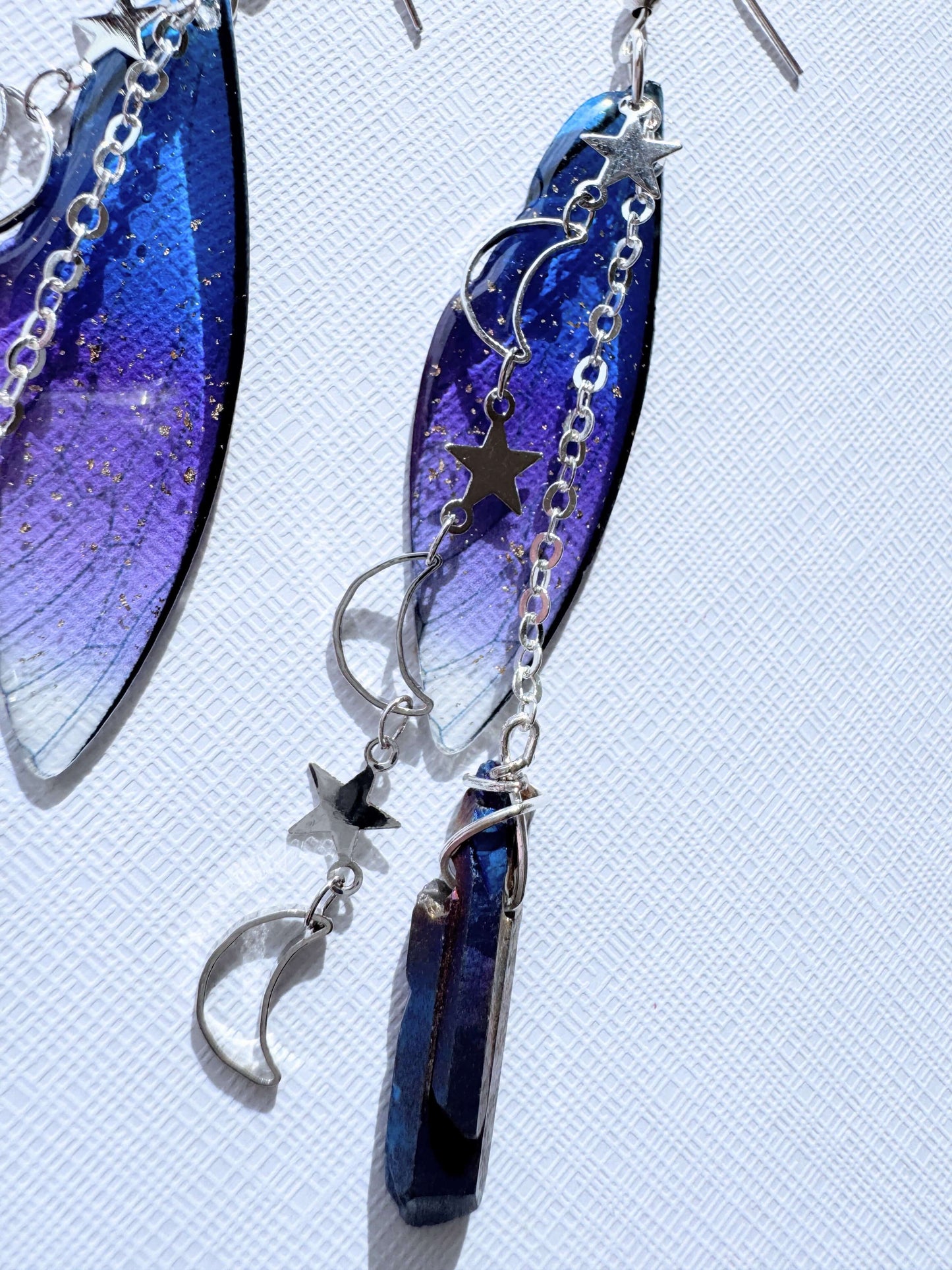 Fairy wing earrings with titanium aura quartz earrings