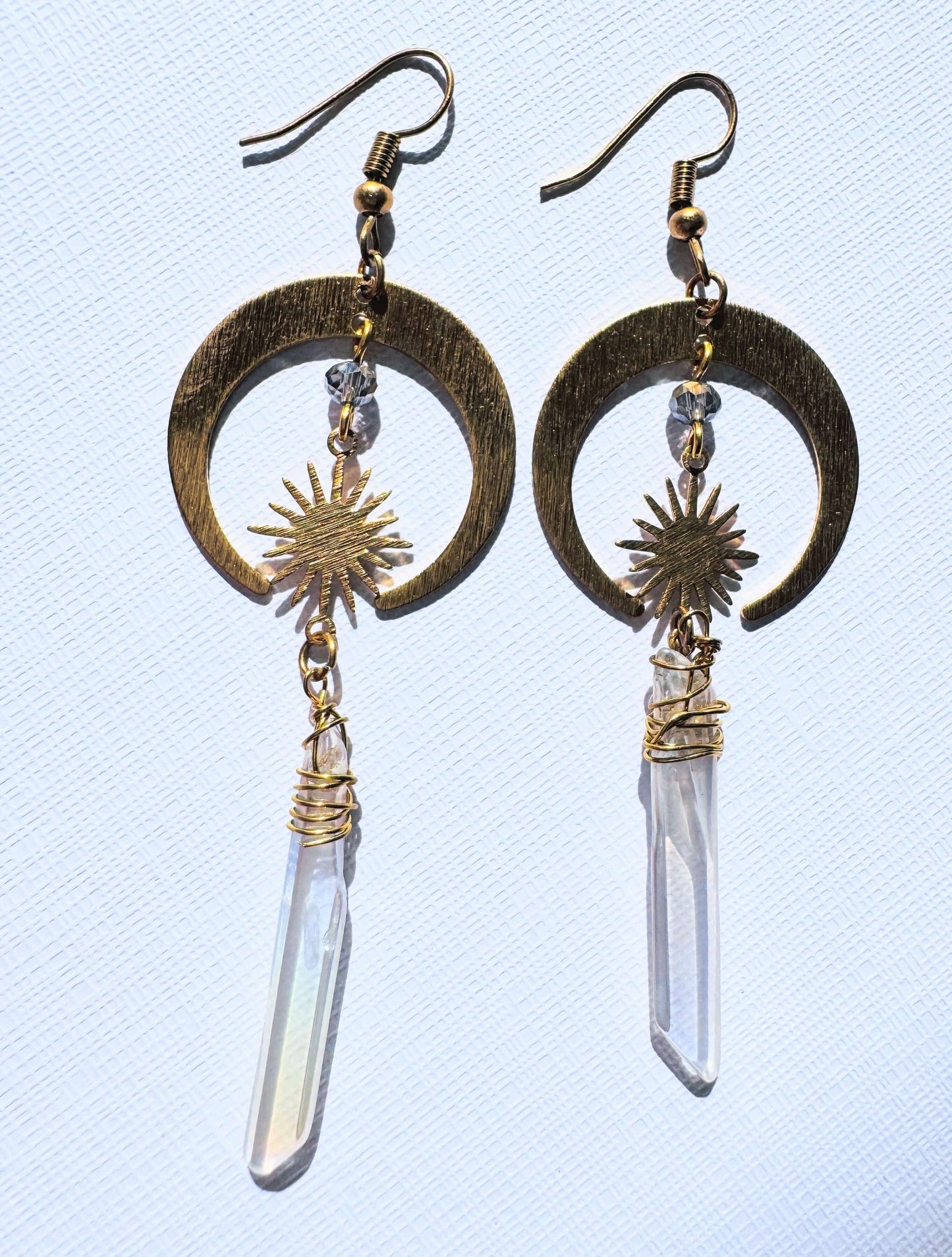 Gold Half Moon Earrings With Clear Quartz.