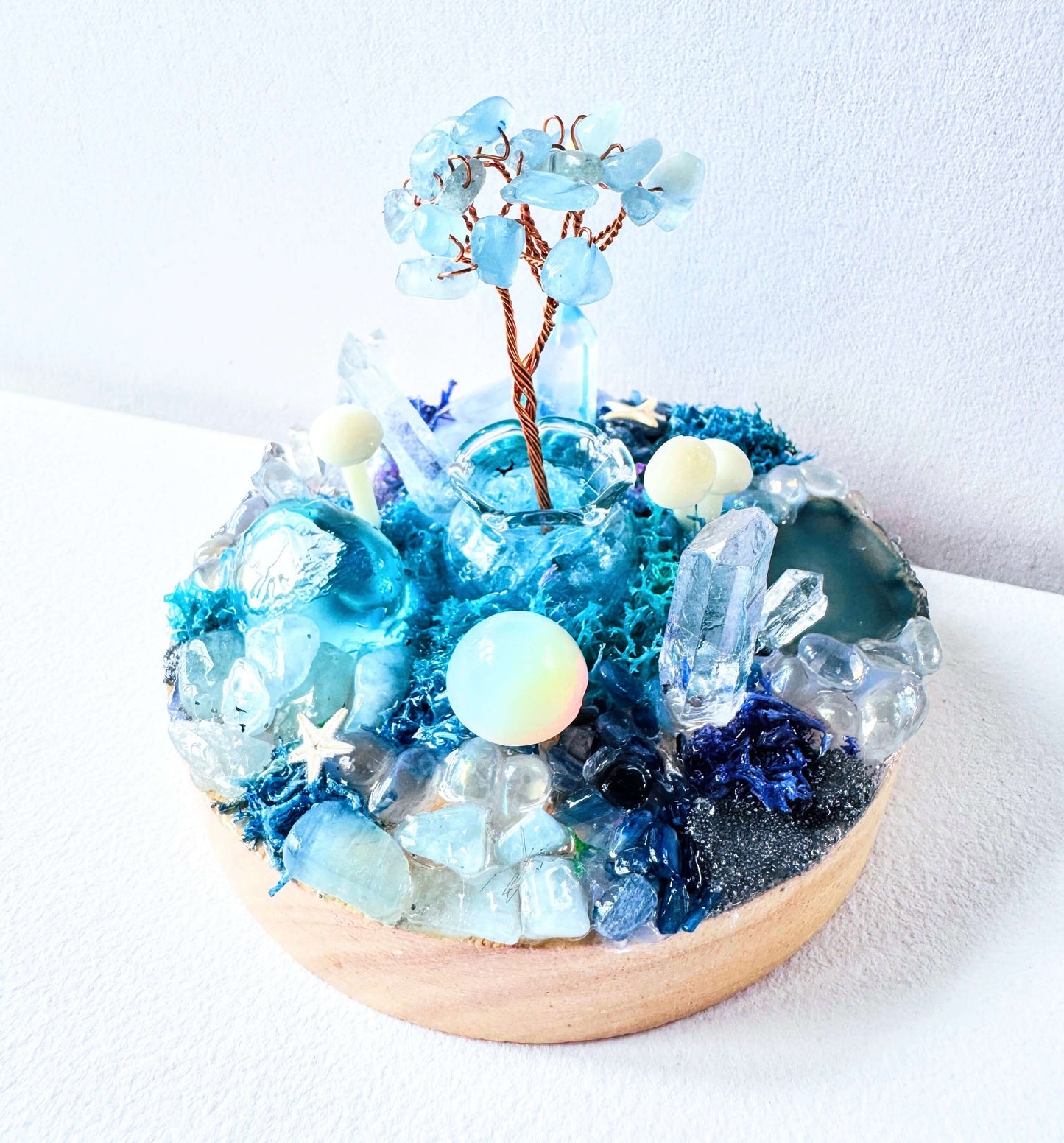 Ocean Fairy Crystal Garden Lamp featuring blue crystals and a glowing orb, showcasing a unique crystal lamp design.