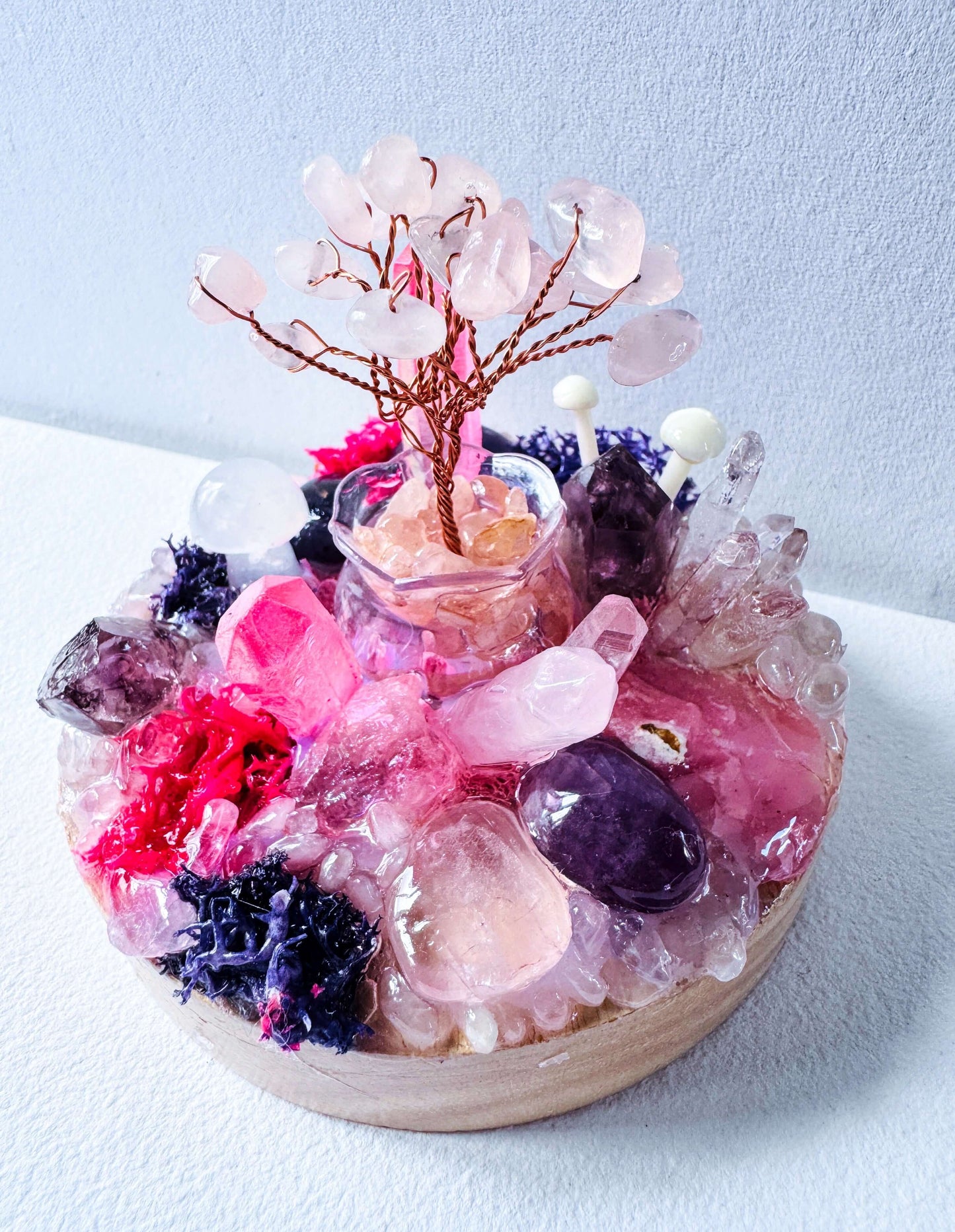 Rose Quartz Fairy Light Garden featuring a crystal lamp with colorful gemstones and a decorative tree.