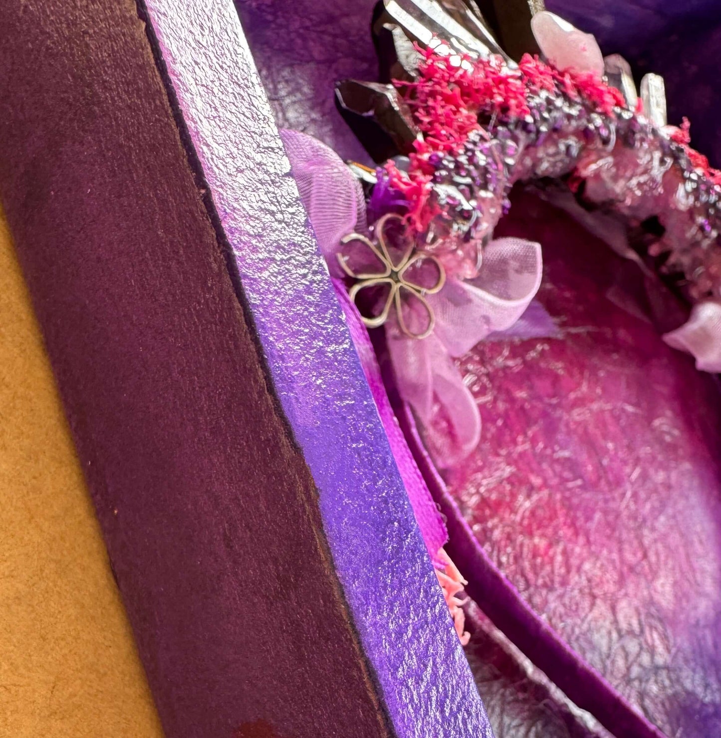 Close-up of the Moon blush Crown, showcasing its handcrafted details and vibrant violet hues, perfect for NZ Art enthusiasts.