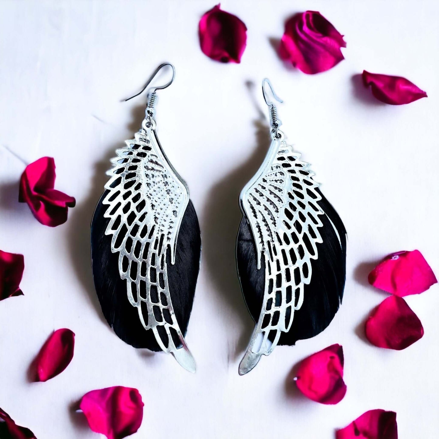 Black feather earrings with metal angel wing