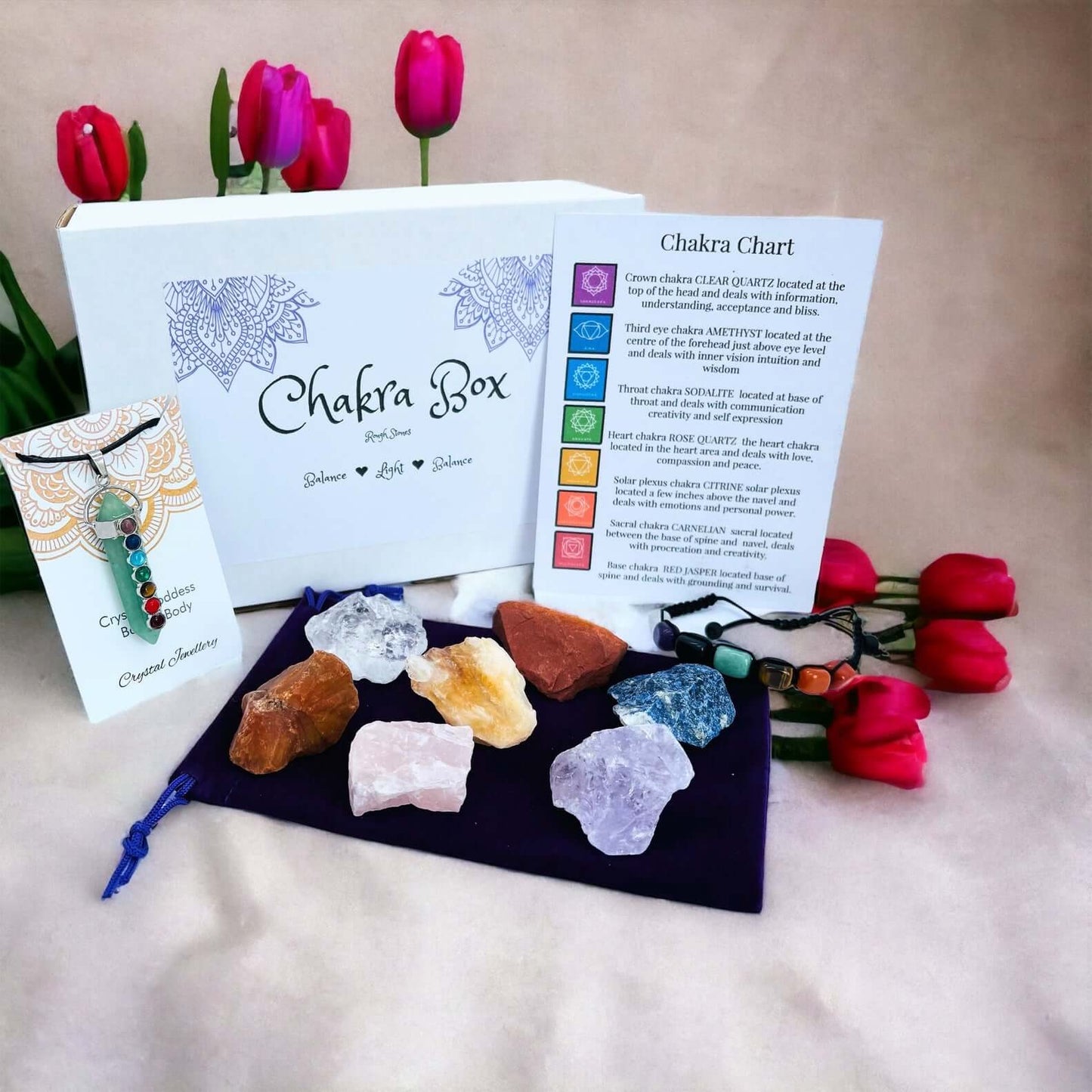 Gift box containing chakra stones chakra pendant and chakra bracelet.