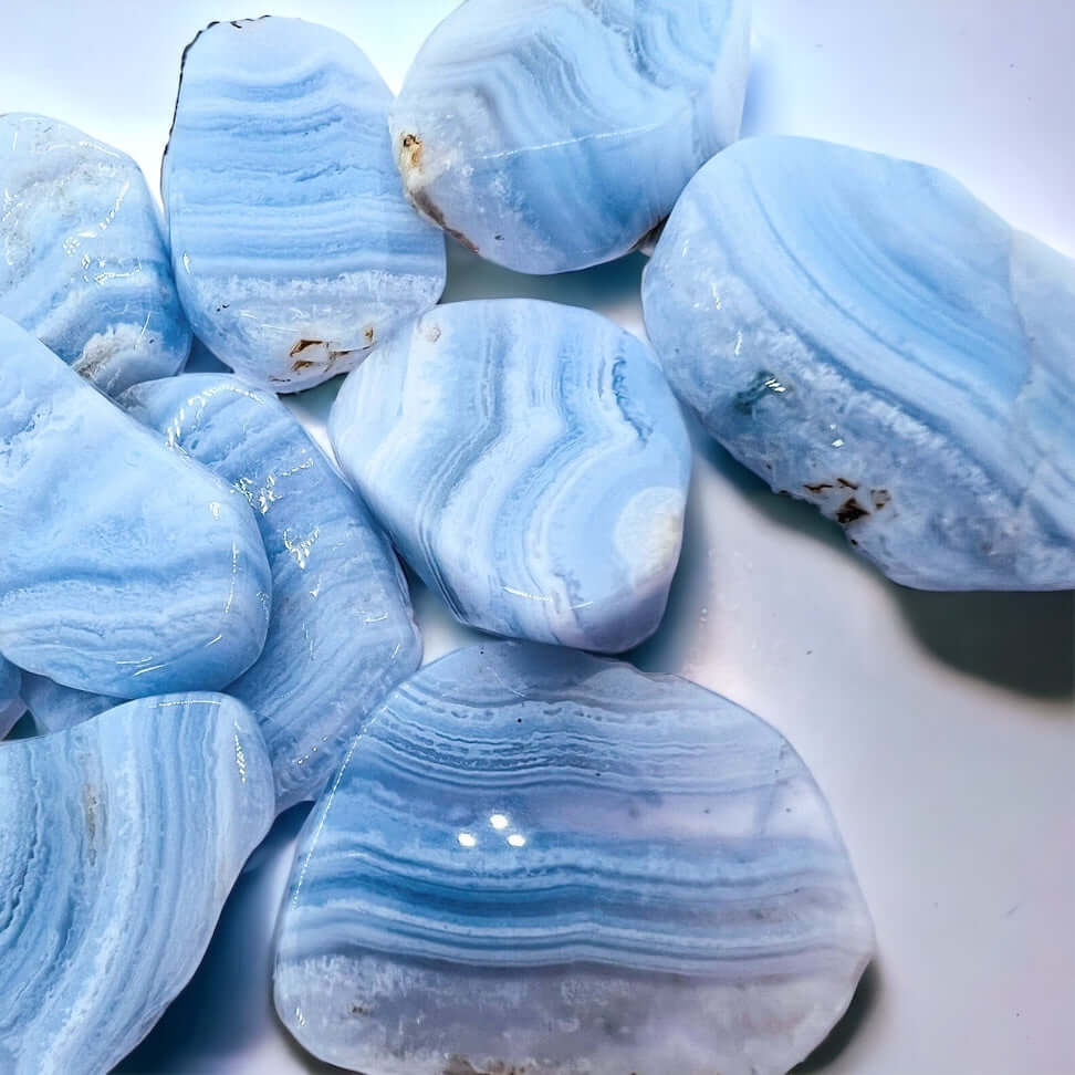 Several pieces of blue lace agate on white surface.
