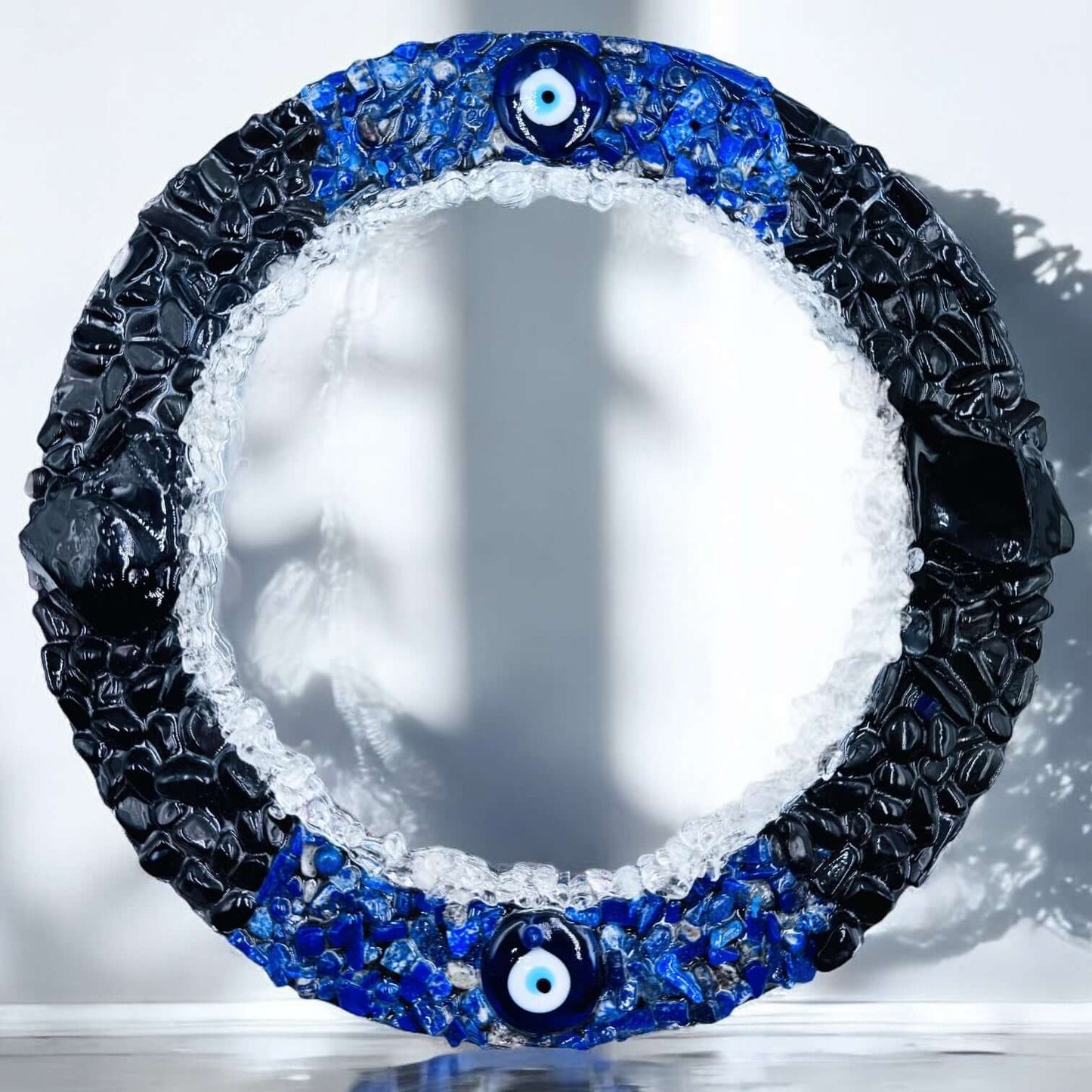 Evil Eye Mirror #1 with crystal mirror design, featuring black obsidian, lapis, and clear quartz for protection and style.