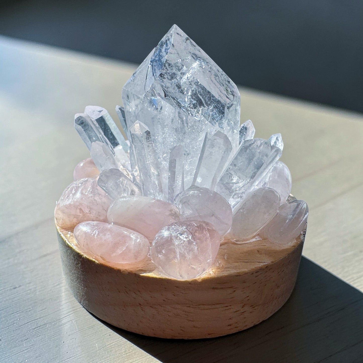 Crystal Cluster Lamp Clear Quartz & Rose Quartz.