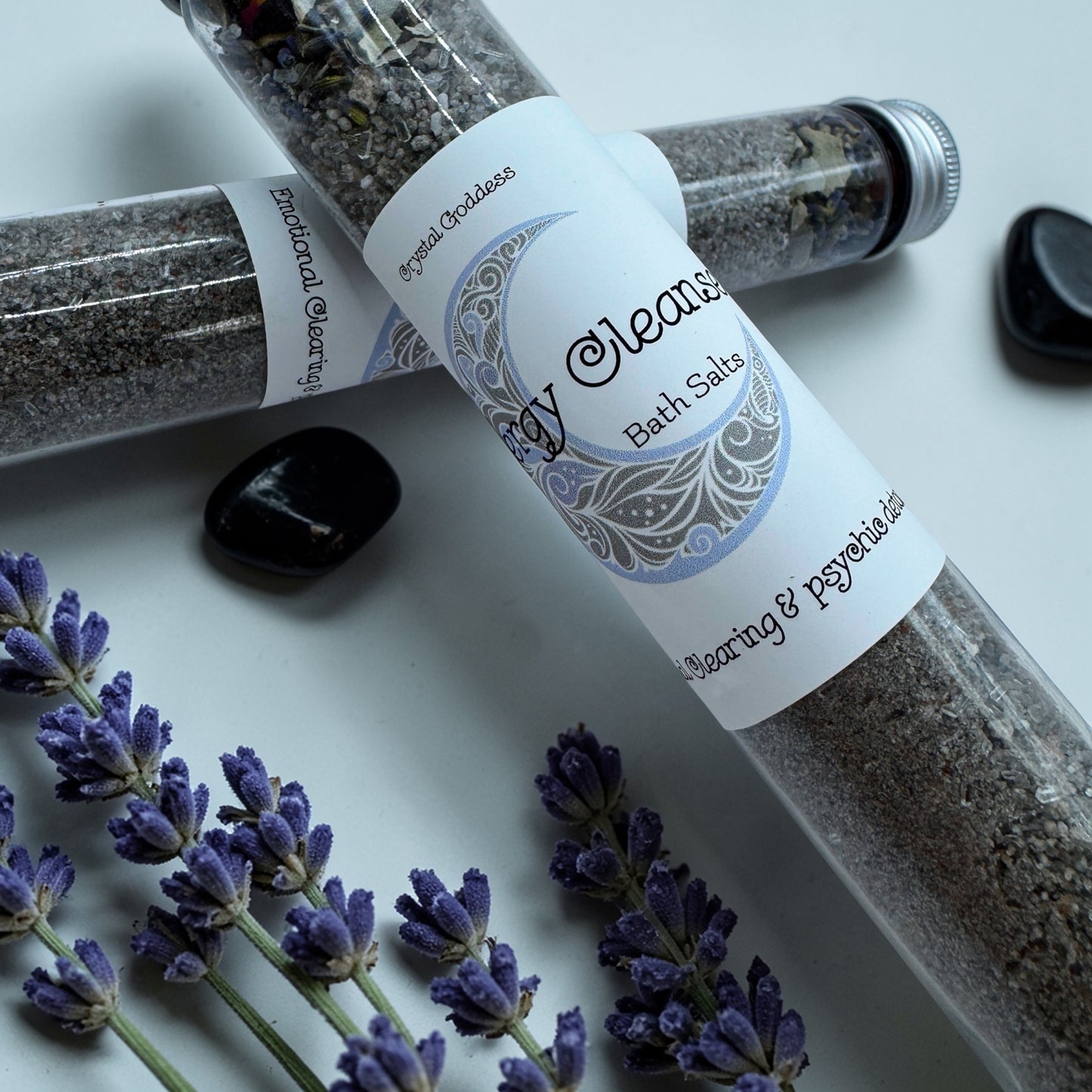 Energy Cleanse Bath Salts 100g with lavender and crystals for energetic clearing and balance.