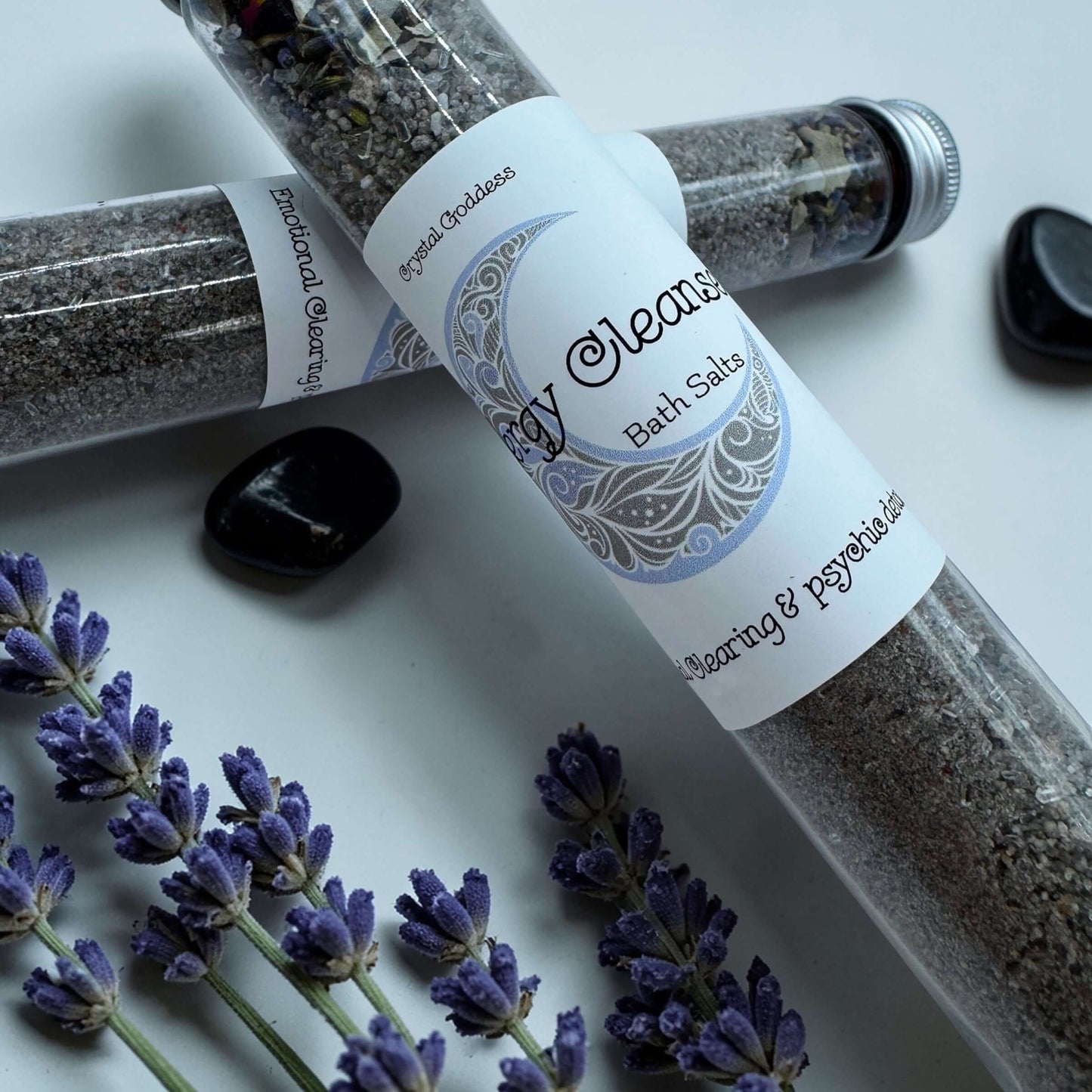 Energy Cleanse Bath Salts 100g with lavender and crystals for energetic clearing and balance.