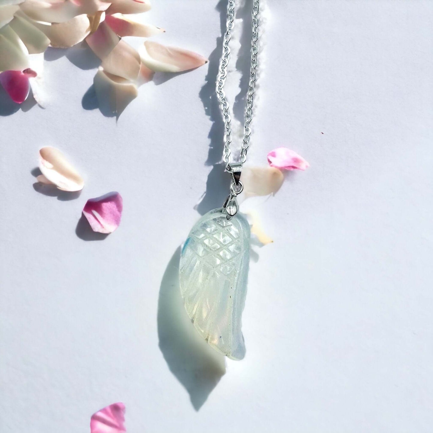 Opalite carved Angel wing pendant with chain