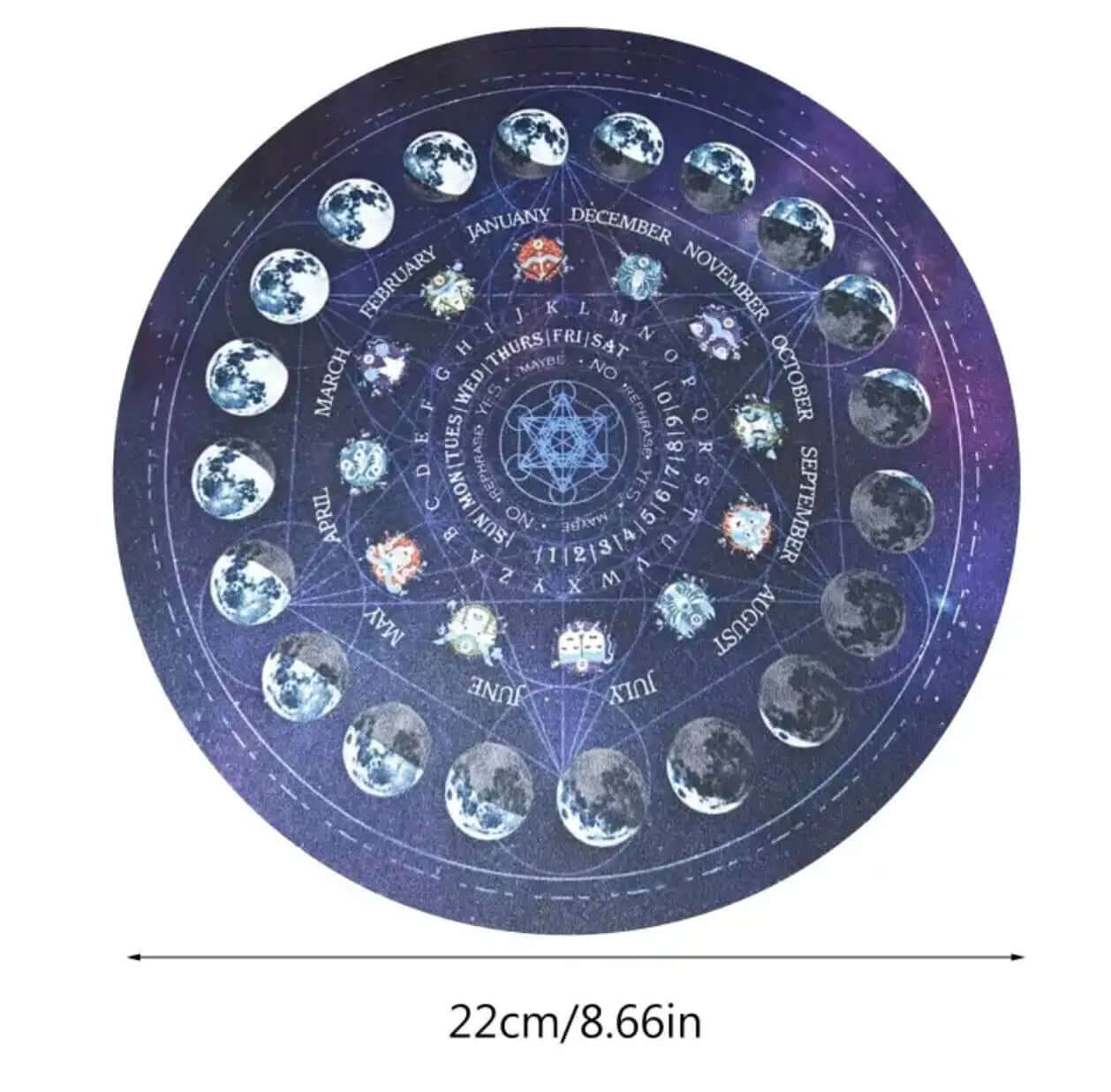 Round dark blue pendulum mat with lunar phase and astrology design, used for divination, energy work, and crystal pendulum readings.