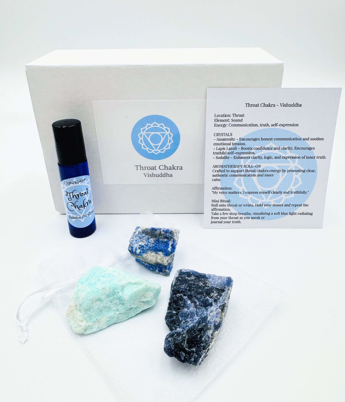 Throat chakra balance kit with crystals and essential oil for chakra balance practice.