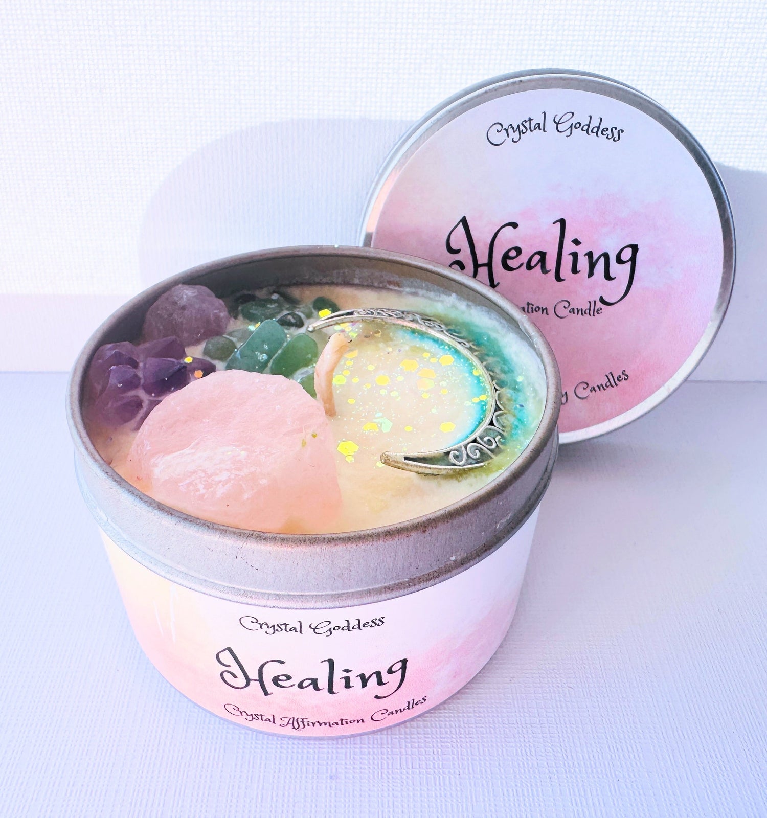 Healing crystal candle with mixed gemstones and decorative elements, enhancing ambiance and energy. Perfect piece from the crystal candles collection.