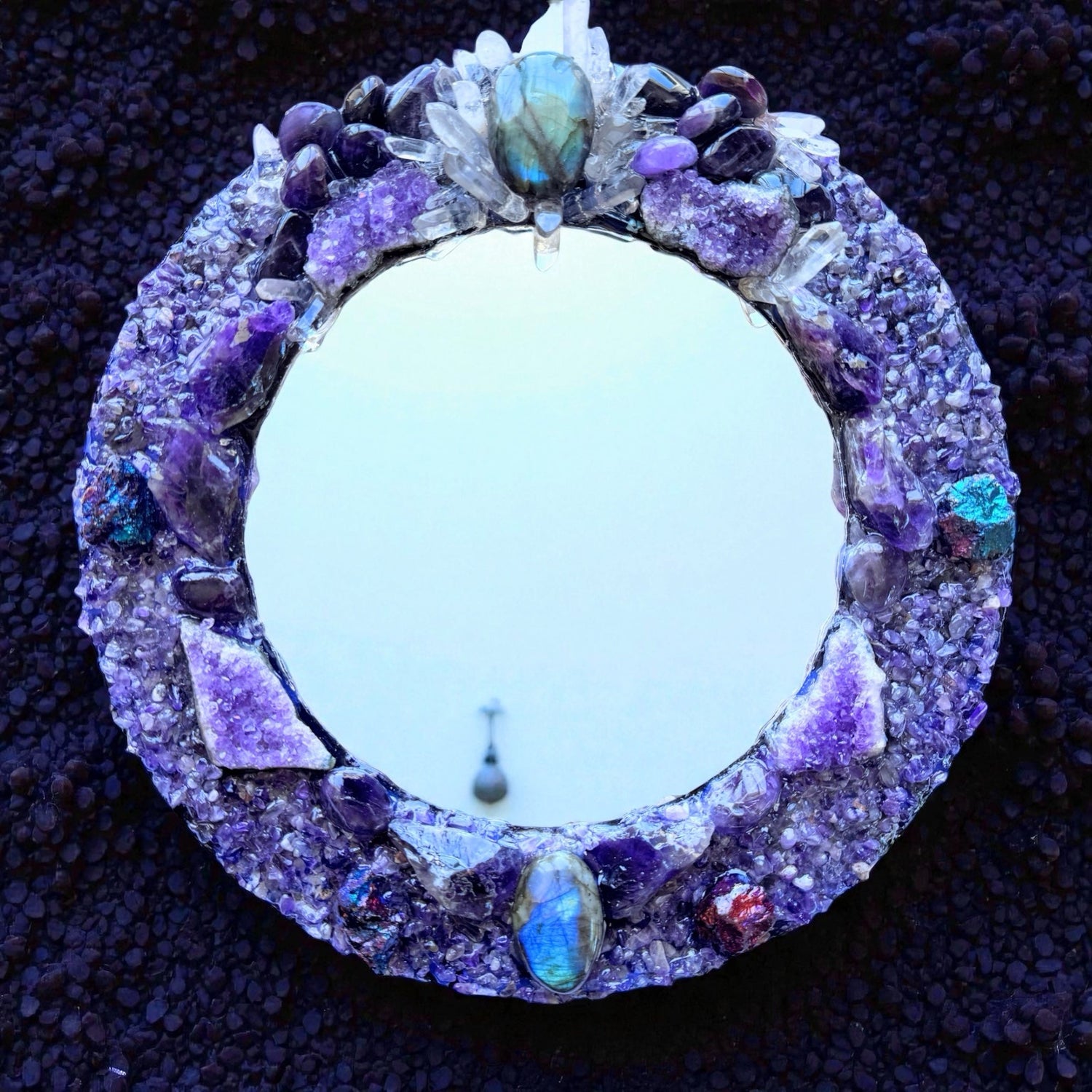 Handmade Crystal Mirrors with amethyst and resin, 25cm wide, reflecting style and positive energy