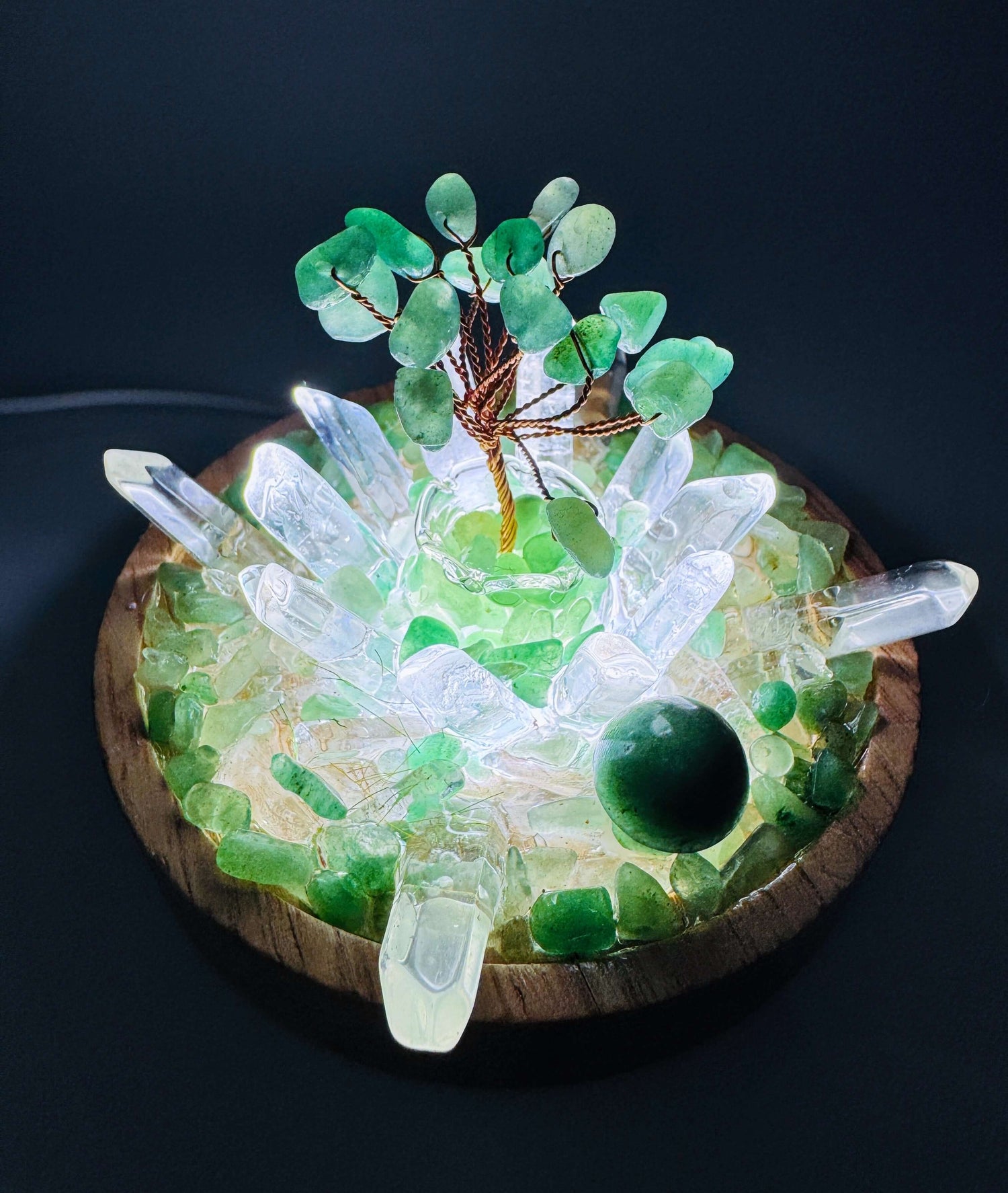 USB crystal cluster lamp with green aventurine tree surrounded with clear Quartz points. 