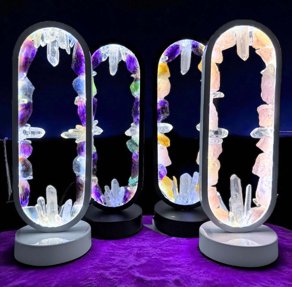 Crystal Portal Lamps with spiral designs and vibrant crystal colors, creating an elegant and calming home atmosphere.