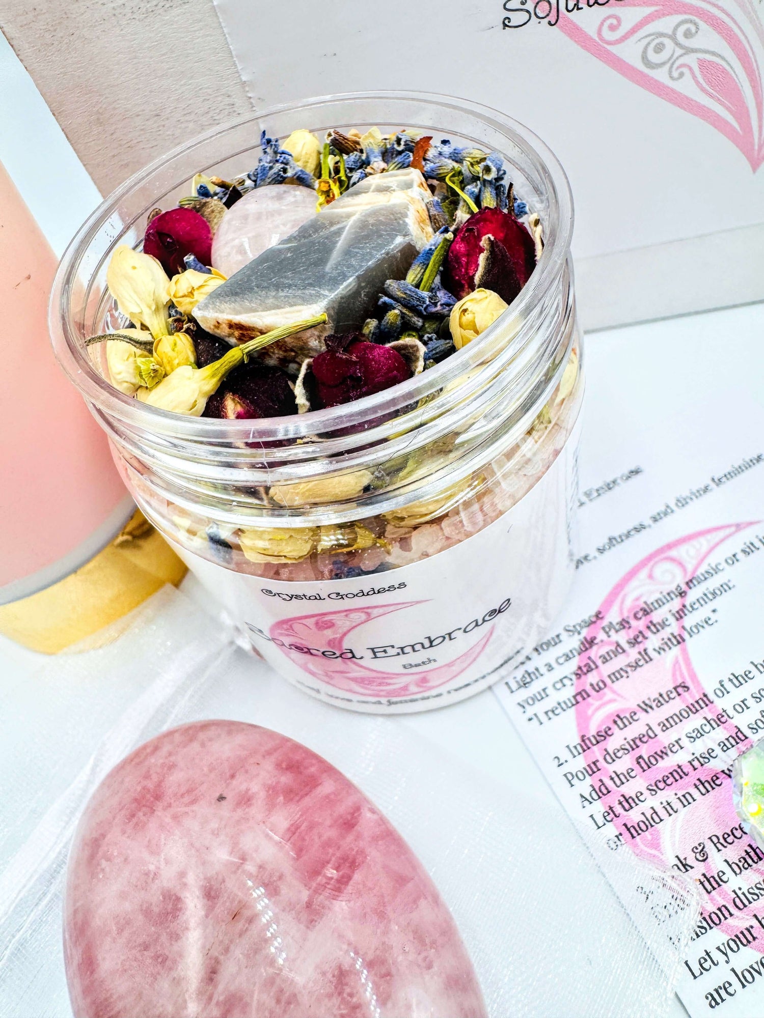Herbal jar with gemstones and flowers from Goddess Recommendations collection.