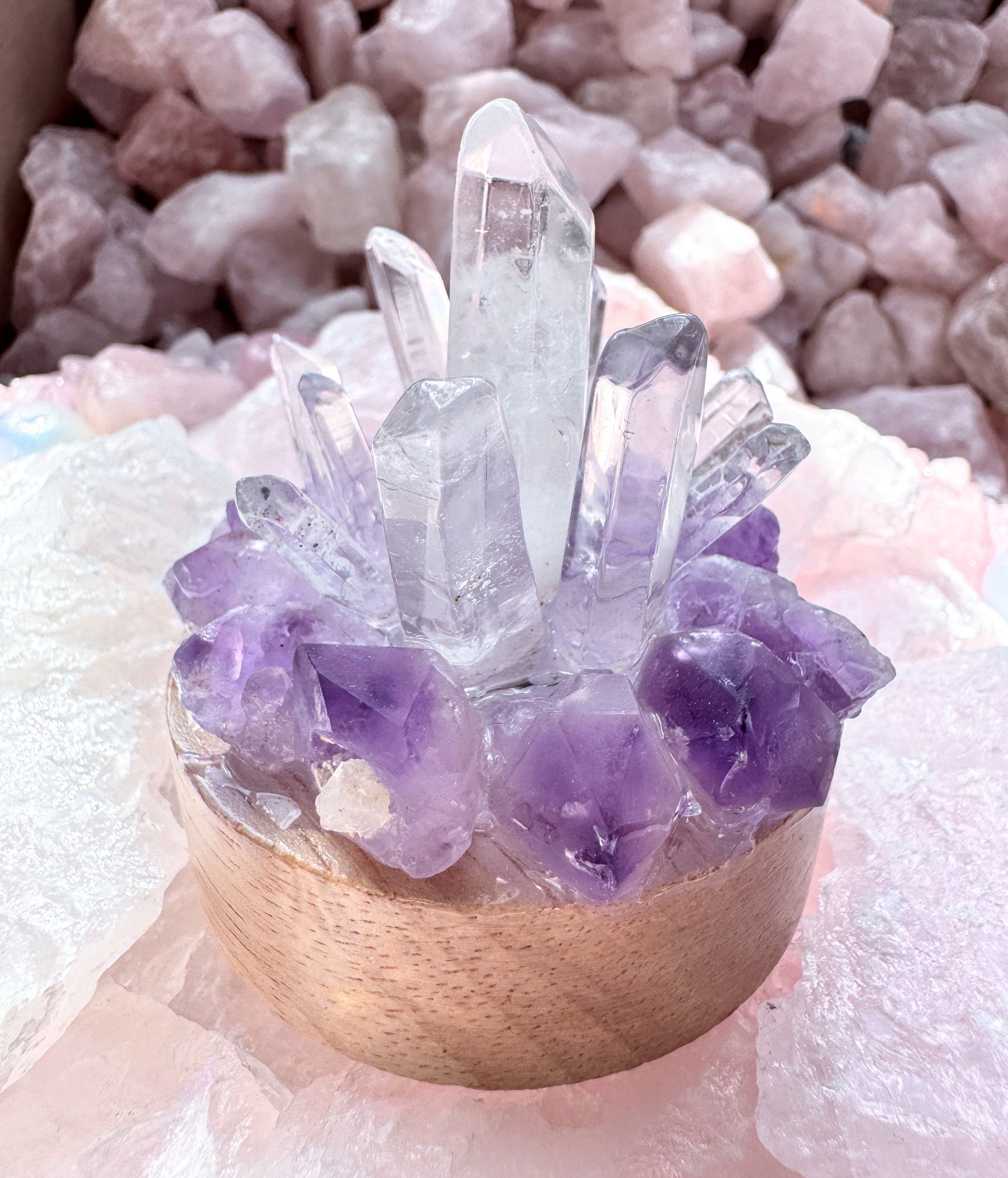 Crystal Cluster Lamp with amethyst and clear quartz on wooden base, LED lights, perfect for clarity and calm