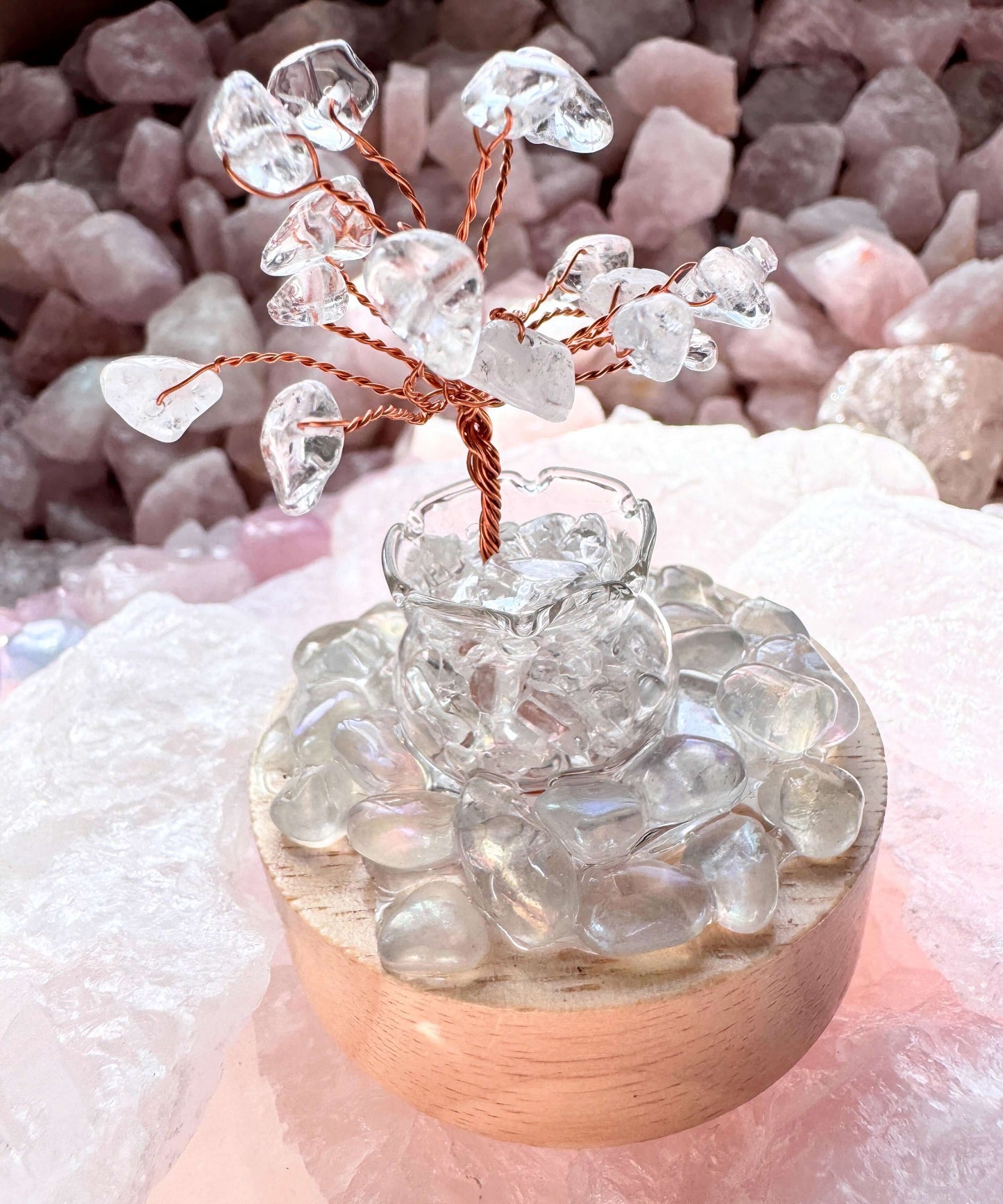 Crystal lamp with clear quartz tree and aura quartz on LED rainbow light base