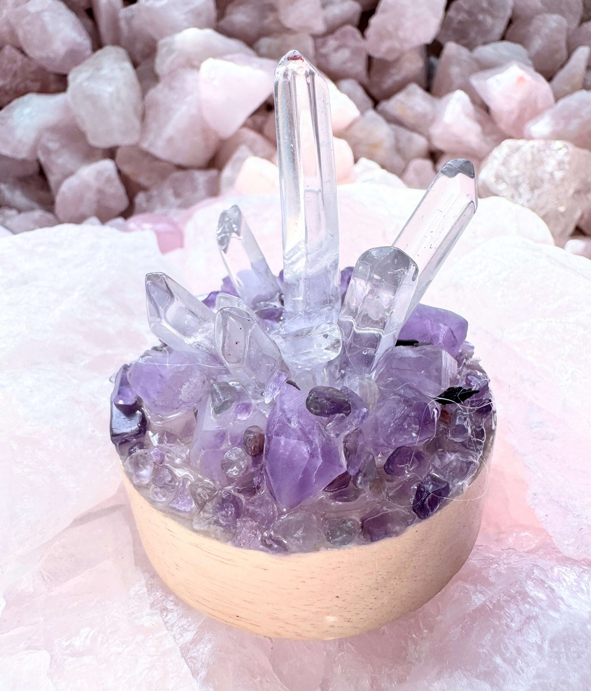 Crystal lamp with clear quartz and amethyst in wooden base