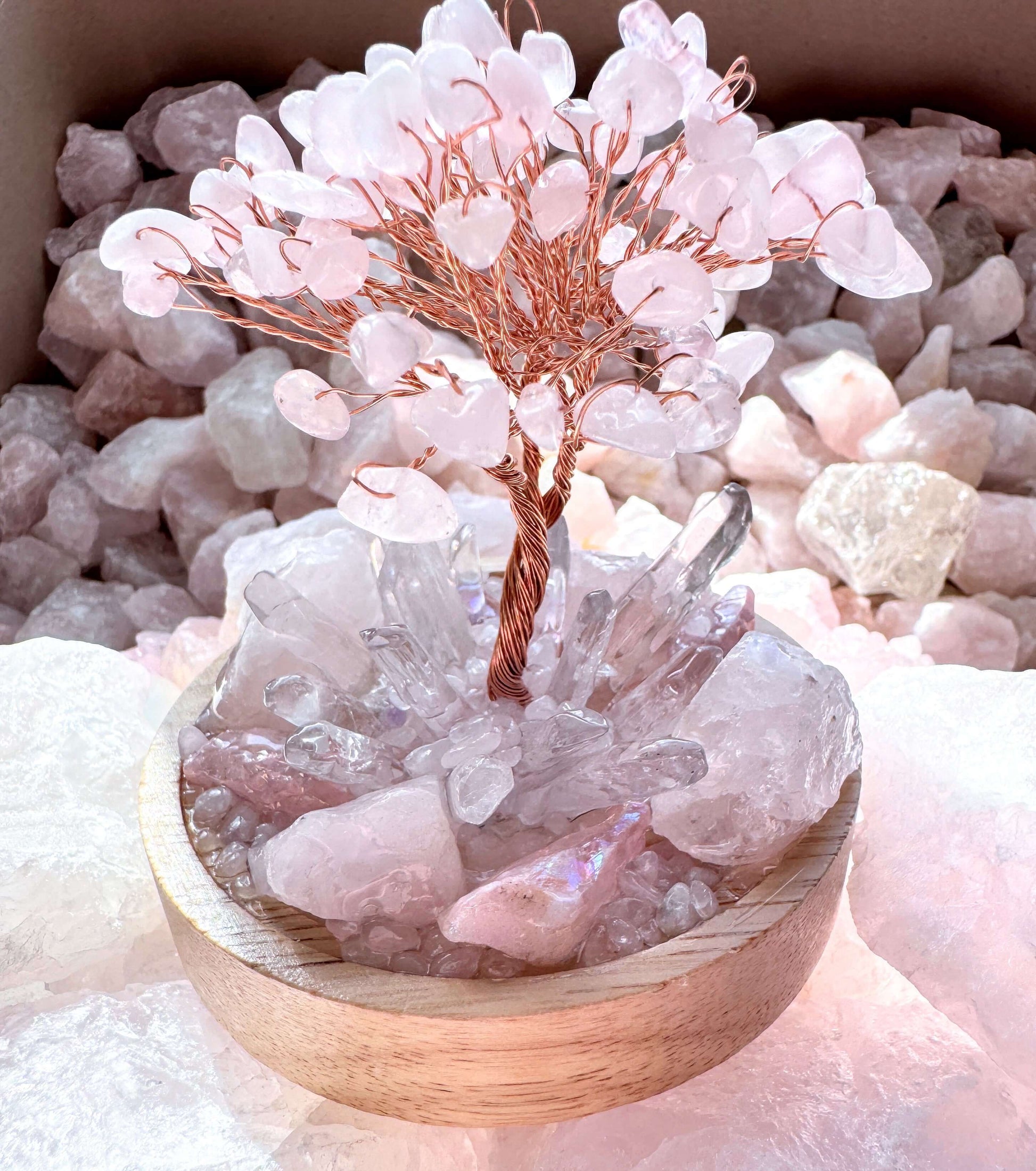 Rose quartz tree lamp on clear quartz cluster with rose quartz mushroom - crystal lamp for calming energy