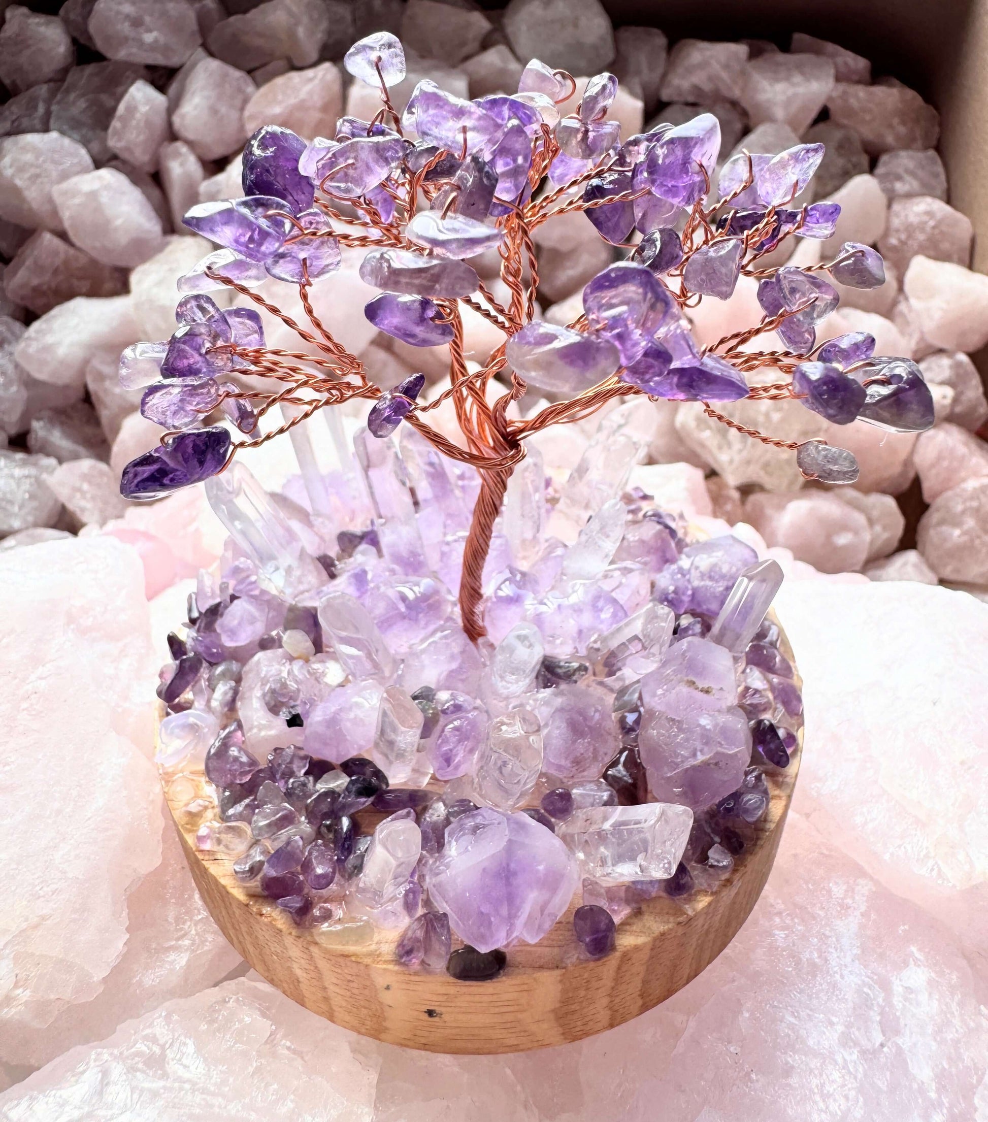 Crystal lamp featuring an amethyst tree with clear quartz points on a wooden base, 10cm handmade design for spiritual calm.