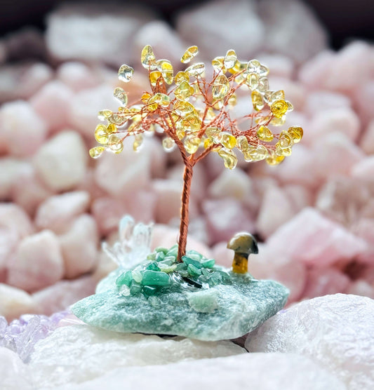 Crystal Tree - Handcrafted Citrine and Quartz Tree on Aventurine Base with Jasper Mushroom