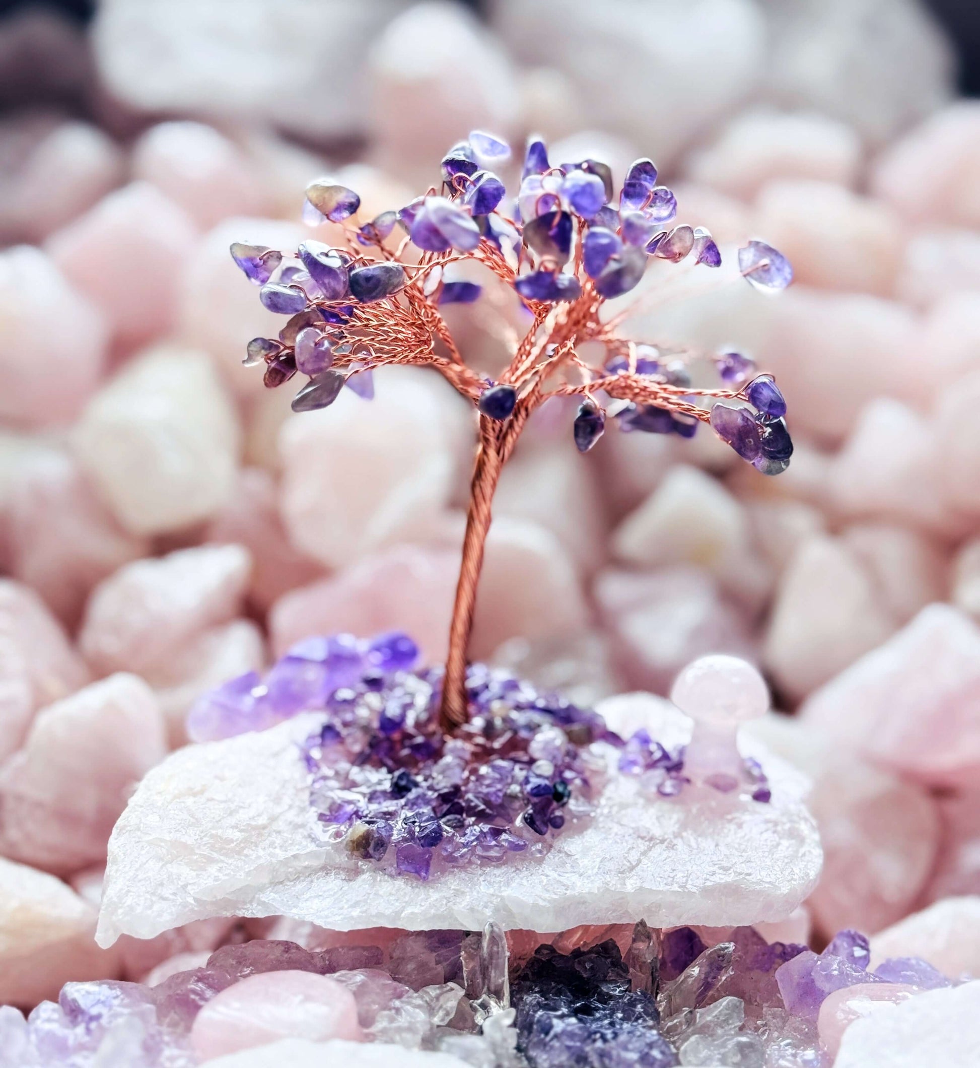 Handcrafted Amethyst crystal tree on a Rose Quartz base for balance and healing