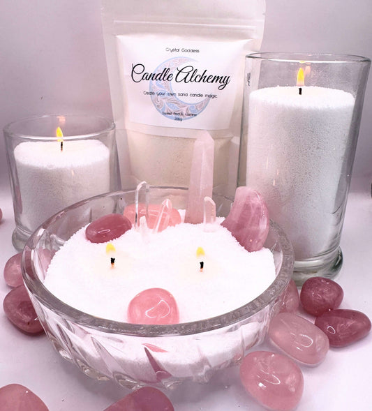 Candle Alchemy sand candles with vibrant crystals and candles in a bowl of sand.