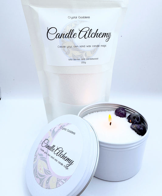 Candle Alchemy Sand Wax Candle Set with reusable tin and plant-based sand wax, ideal for creating sand candles.
