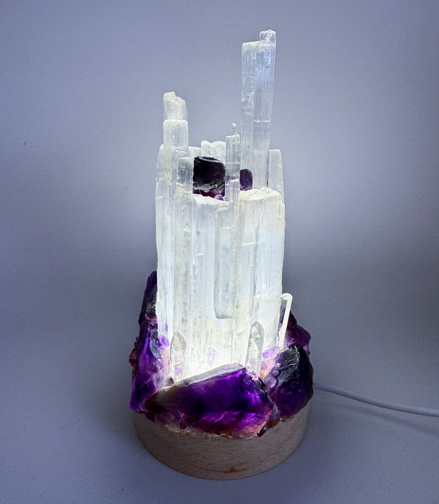 Selenite Crystal Lamp (8cm base) Amethyst.