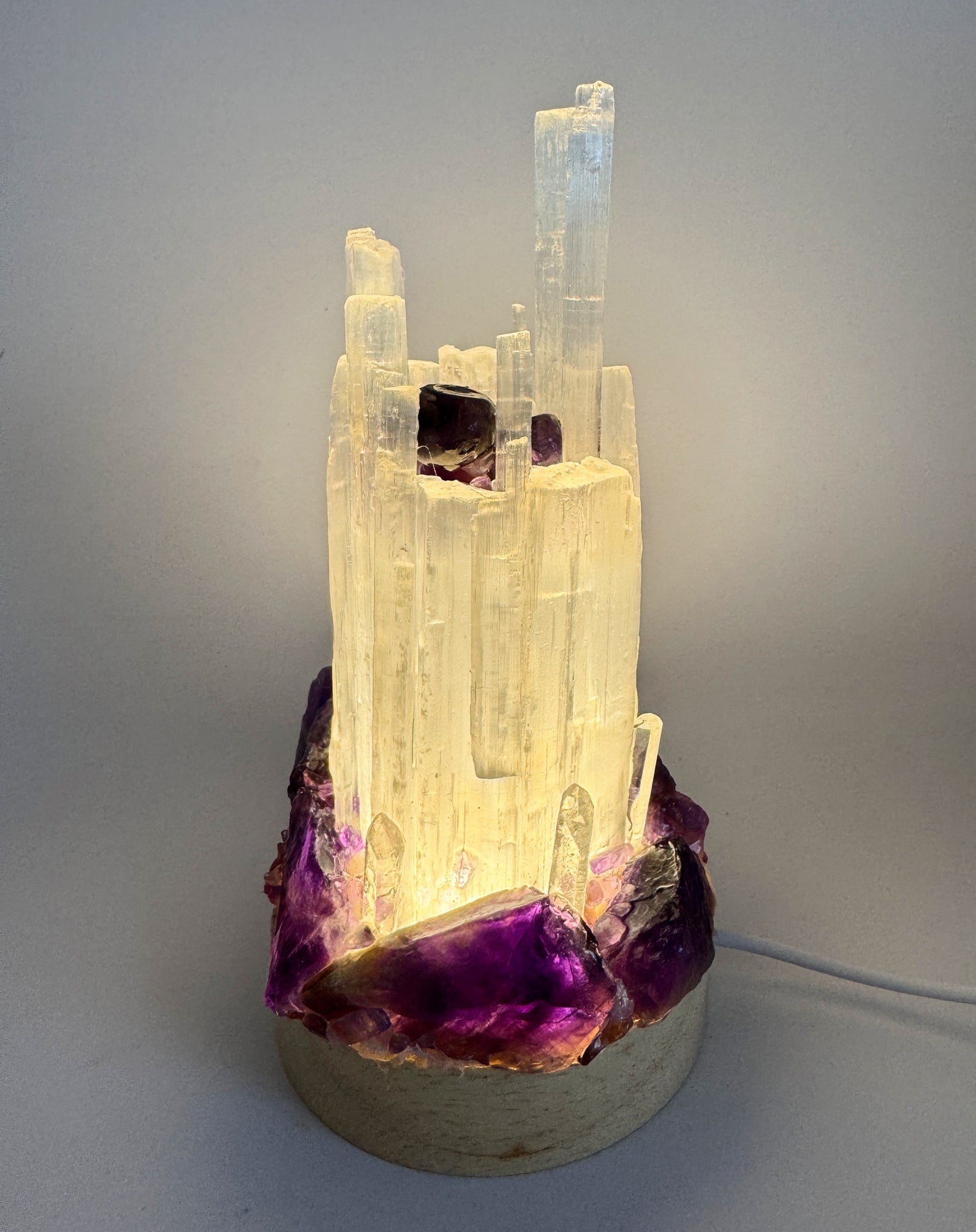 Selenite Crystal Lamp (8cm base) Amethyst.