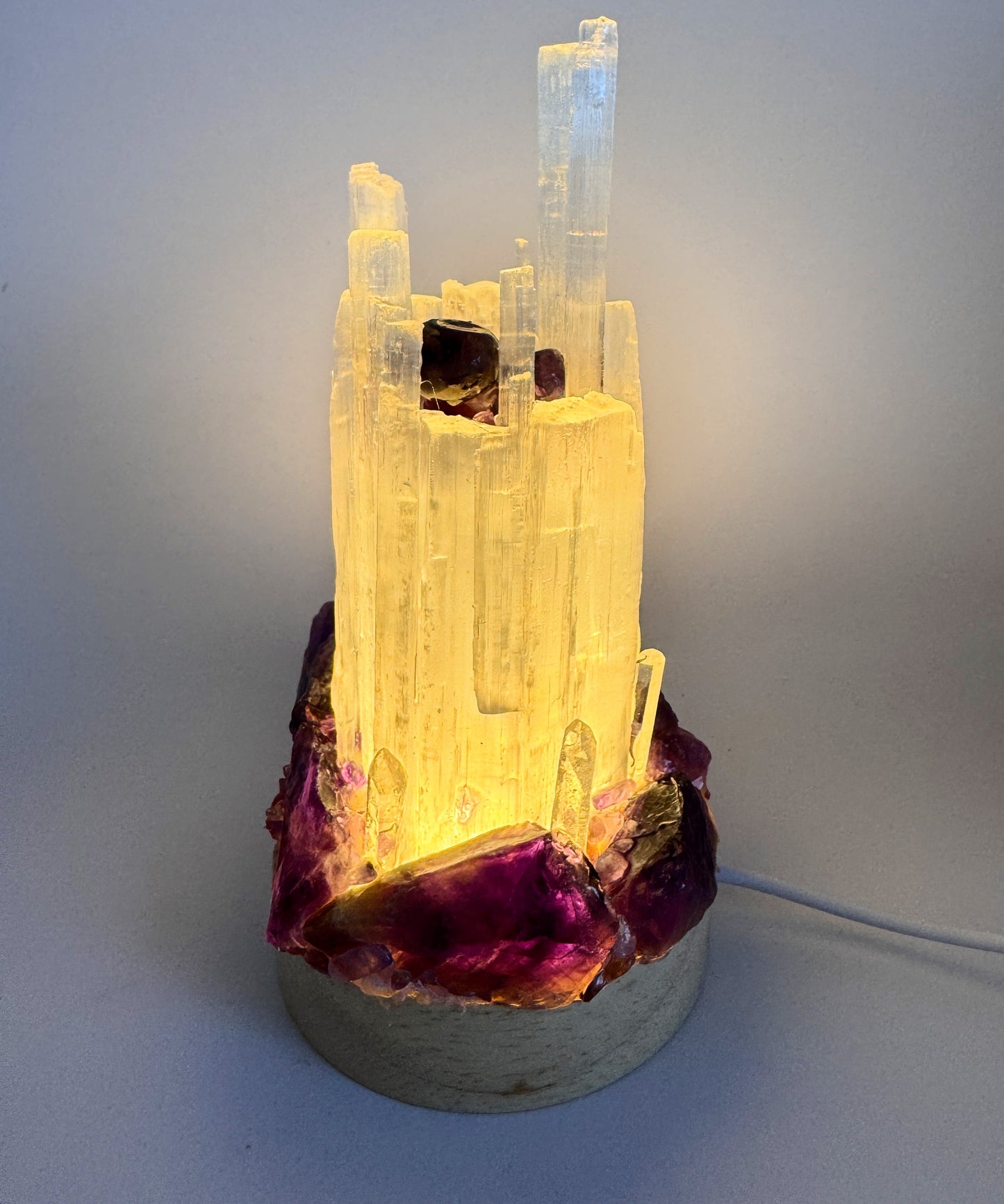 Selenite Crystal Lamp (8cm base) Amethyst.