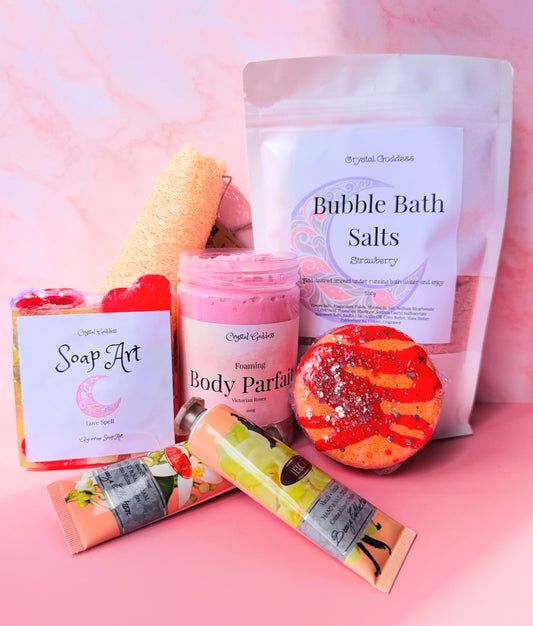 Bath Gift Box with bubble bath salts, soap art, body parfait, bath bomb, and hand creams.