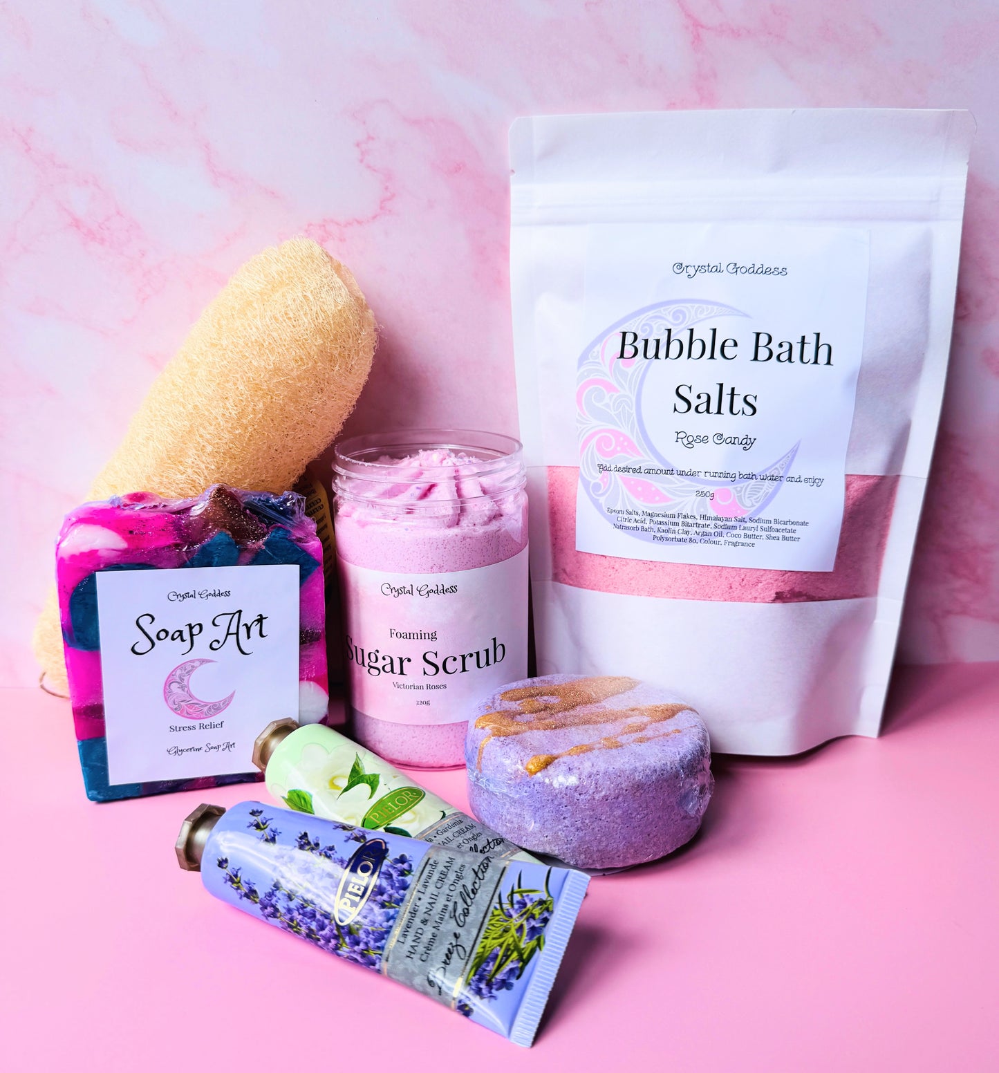 Goddess Bath Box featuring rose jam Bubble Bath Salts, stress relief Soap Art, channel no5 bath bomb, Rose Foaming Body Scrub, Bath Gift Box