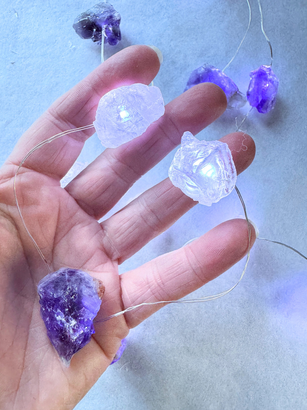 Crystal Fairy Lights (flashing) Amethyst & Rose Quartz 2M Cool.