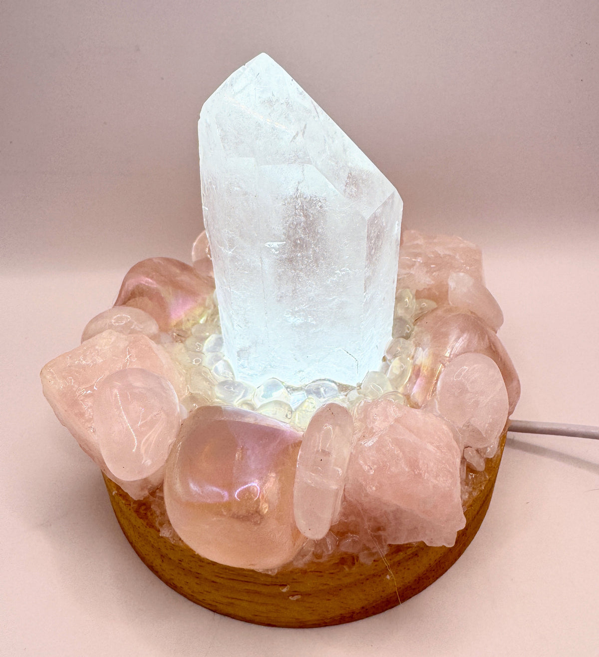 Clear Quartz Point Lamp With Rose Quartz & Rose Aura Quartz